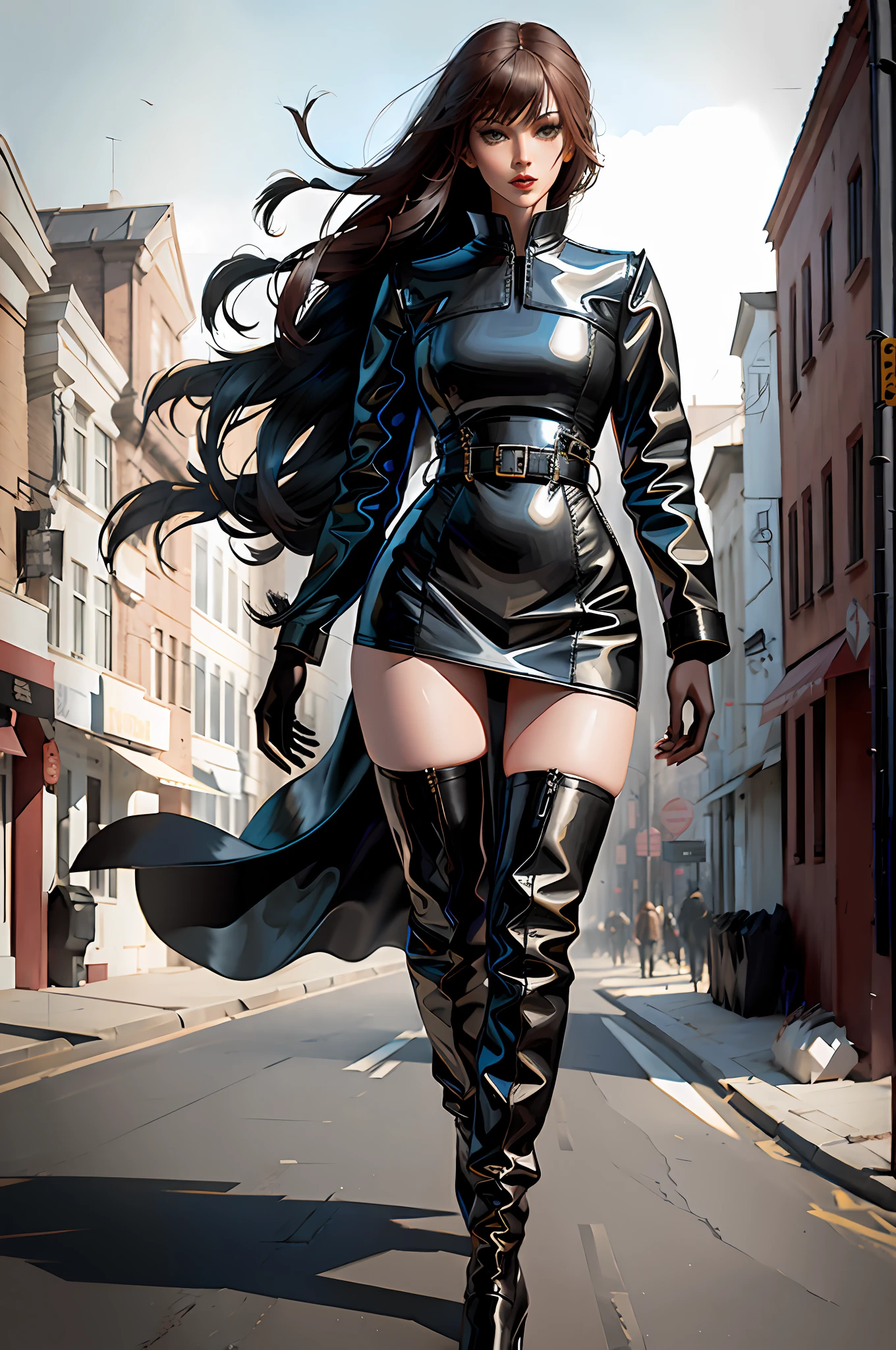 Beautiful woman walking in the wind, black glove boots, tall, long legs, perfect body proportions, thin waist, black suspender stockings, tight leather dress, tall, slender figure, 9 head body, fashion shooting