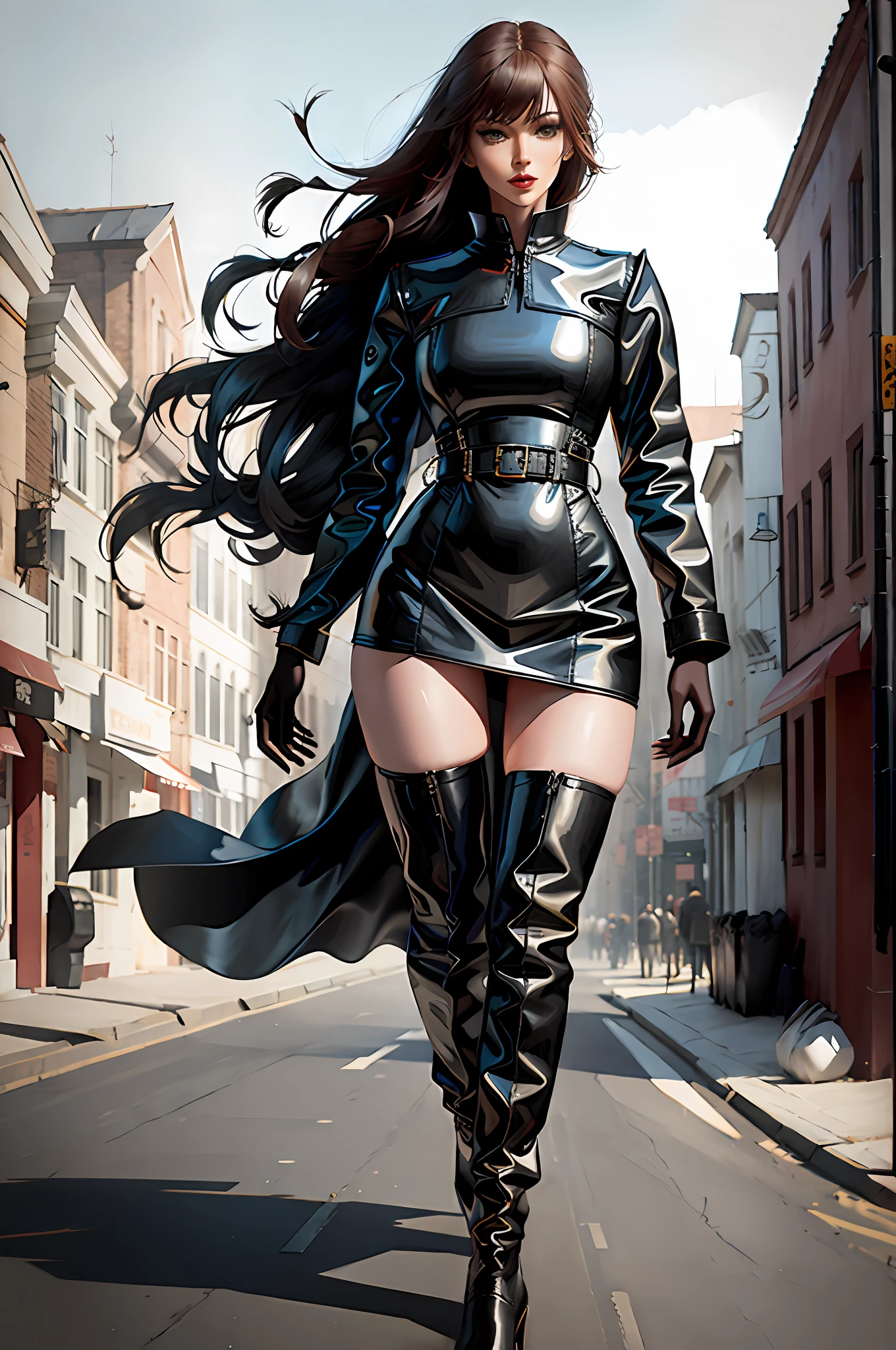 Beautiful woman walking in the wind, black glove boots, tall, long legs, perfect body proportions, thin waist, black suspender stockings, tight leather dress, tall, slender figure, 9 head body, fashion shooting