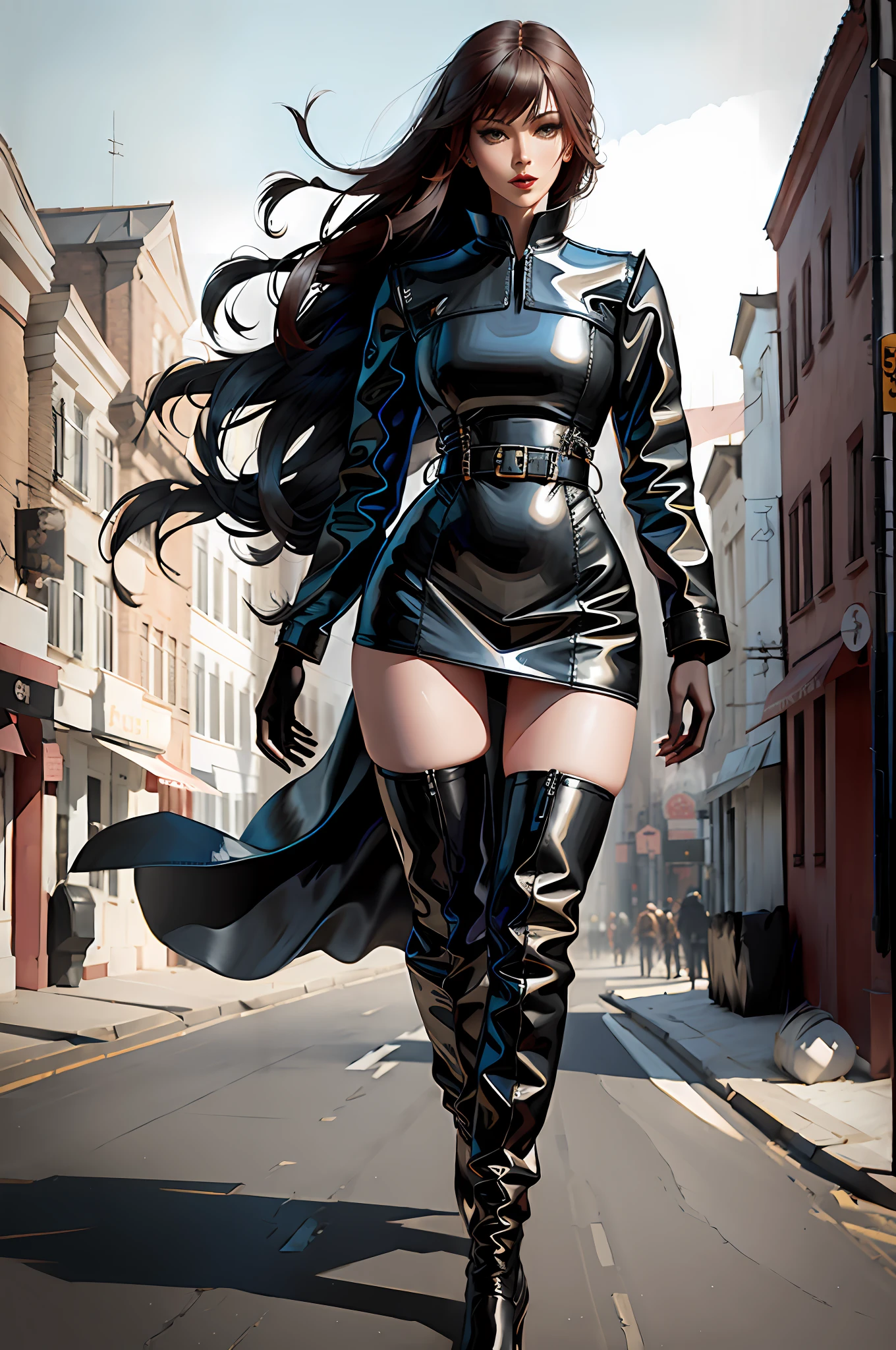 Beautiful woman walking in the wind, black glove boots, tall, long legs, perfect body proportions, thin waist, black suspender stockings, tight leather dress, tall, slender figure, 9 head body, fashion shooting