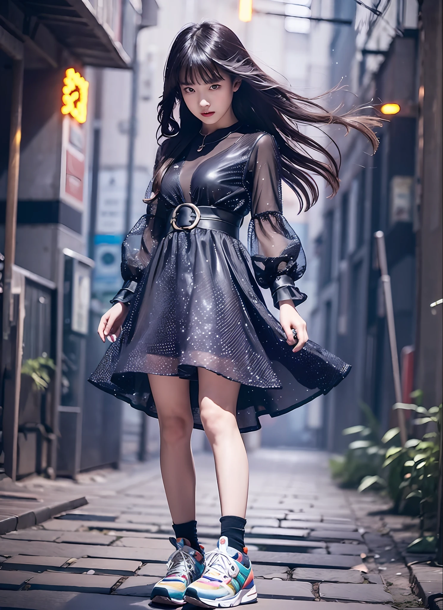 The landscape is a 3D digital space with rough dots. Neon lights sparkle around you, and you can see strange structures and floating islands. In the midst of all this, a very young girl is standing. She wears casual summer clothes, dresses and sneakers in bright shades. Her hair is long and fluttering in the wind. The girl is looking around with a curious expression and seems to be preparing for a new adventure. With details that are exquisitely reproduced down to the smallest detail, please express her expression and even the texture of the fabric of the clothes. Try to depict the mystical atmosphere of the moment when she wanders into the game world in the highest quality.