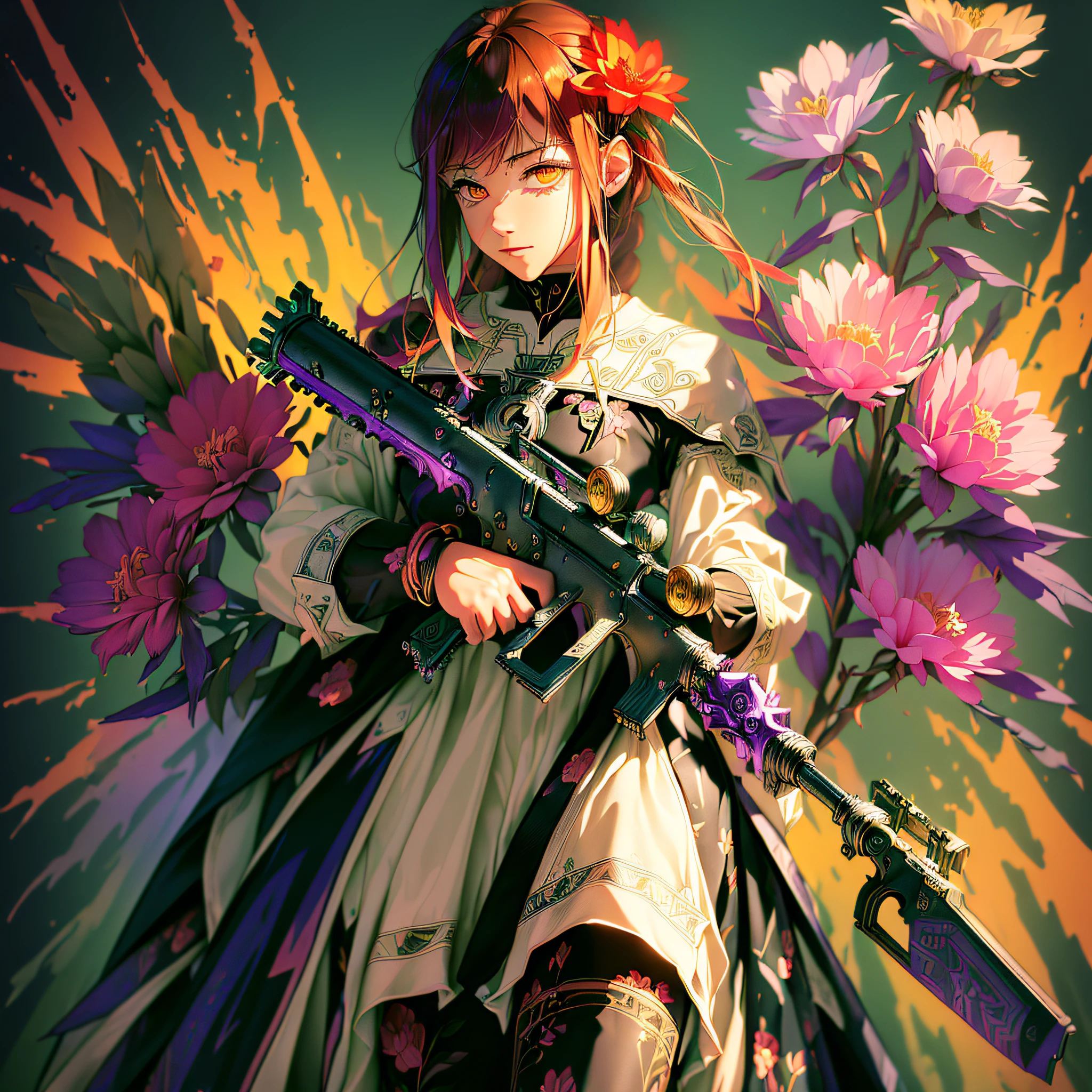 (masterpiece, top quality, best quality, beautiful and aesthetic:1.2), (1girl:1.1), glowing eyes, extreme detailed, (colorful:1.1), (colorful background1:1), (#ff311f:1.5), (#f08432:1.2), highest detailed, weapon, holding weapon, (glowing weapon), detailed background, fire:1.2, flowers:1.2, , masterpiece, 8k