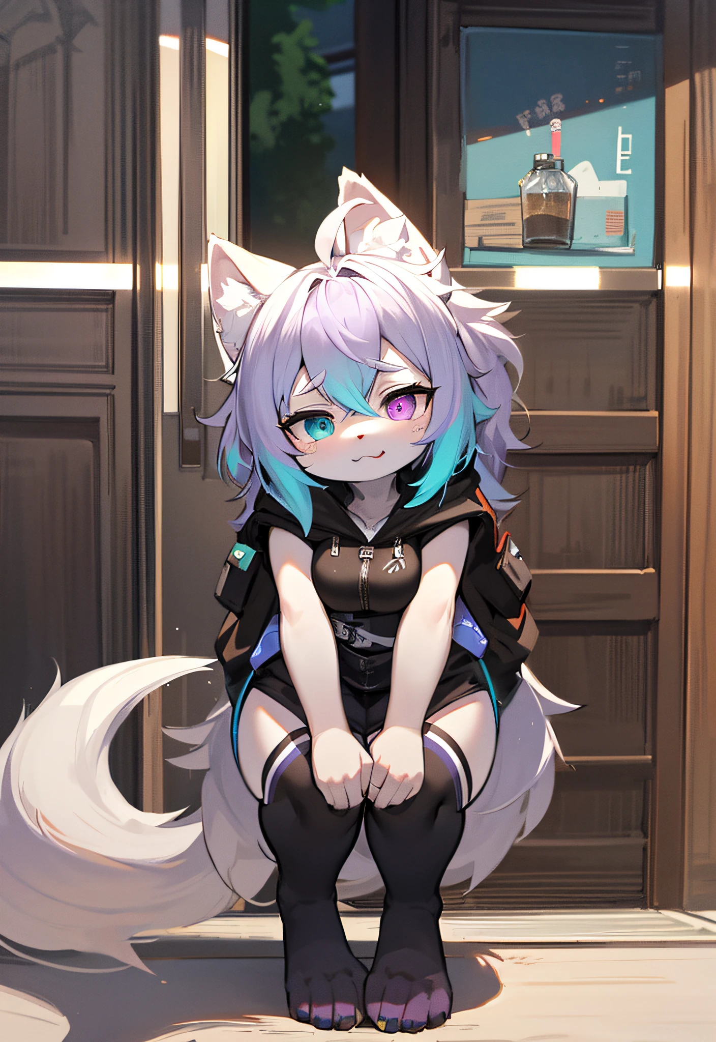 by zackary911, (coffeesoda:1.1), hioshiru, zackary911, wolf, anthro, femboy, solo, tight black hoodie clothing, fur, looking up perspective, perspective from tiny, (he is looking down at the tiny), curvy thighs, huge thighs, blep,heterochromia, purple right iris, cyan left iris, white and purple fluffy body, very short shorts, he is a giant, teasing face, buldge, standing in front of size chart, size chart, size chart 10 feet, 10 feet tall, very huge, very tall, paws on belly, bit of boobs, chubby, hanging from the door, crouching to look under from small door, macro, butt stuck, door bately fitting him, keeping the door shut