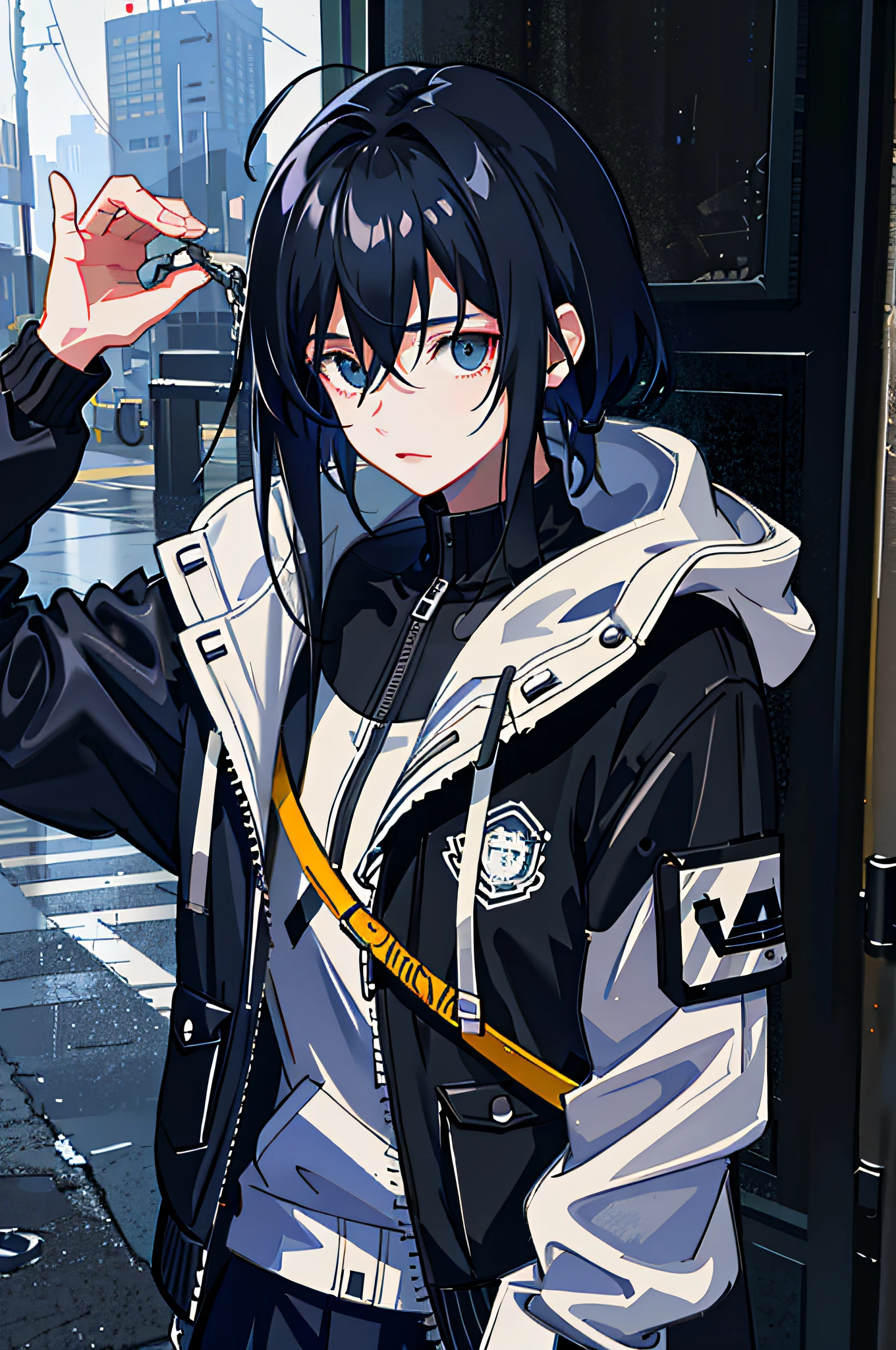 1girl, jacket, rain, outdoor, hoodie, open jacket, chain, backpack, looking at another, messy hair, trending on artstation, 8k resolution, highly detailed, anatomically correct, sharp image, digital painting, concept art, trending on pixiv, style of makoto shinkai,