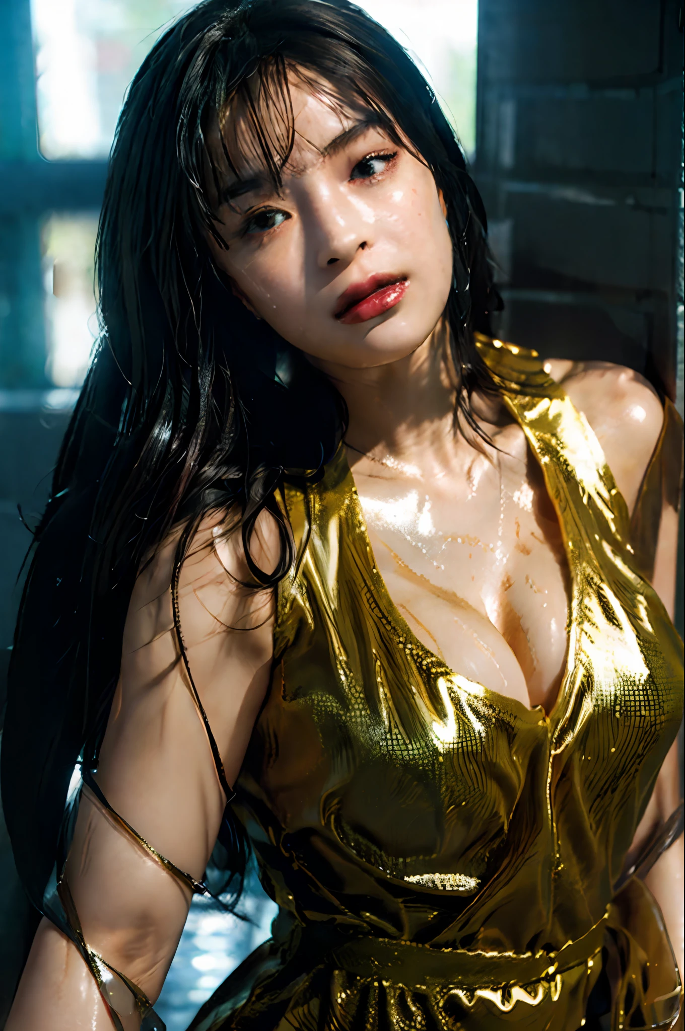 Best quality, masterpiece, ultra high res, (photorealistic:1.4), raw photo, 1girl, DARK hair, shiny skin, WET BODY, dramatic lighting, full body, bitch, micro bikini, huge breasts