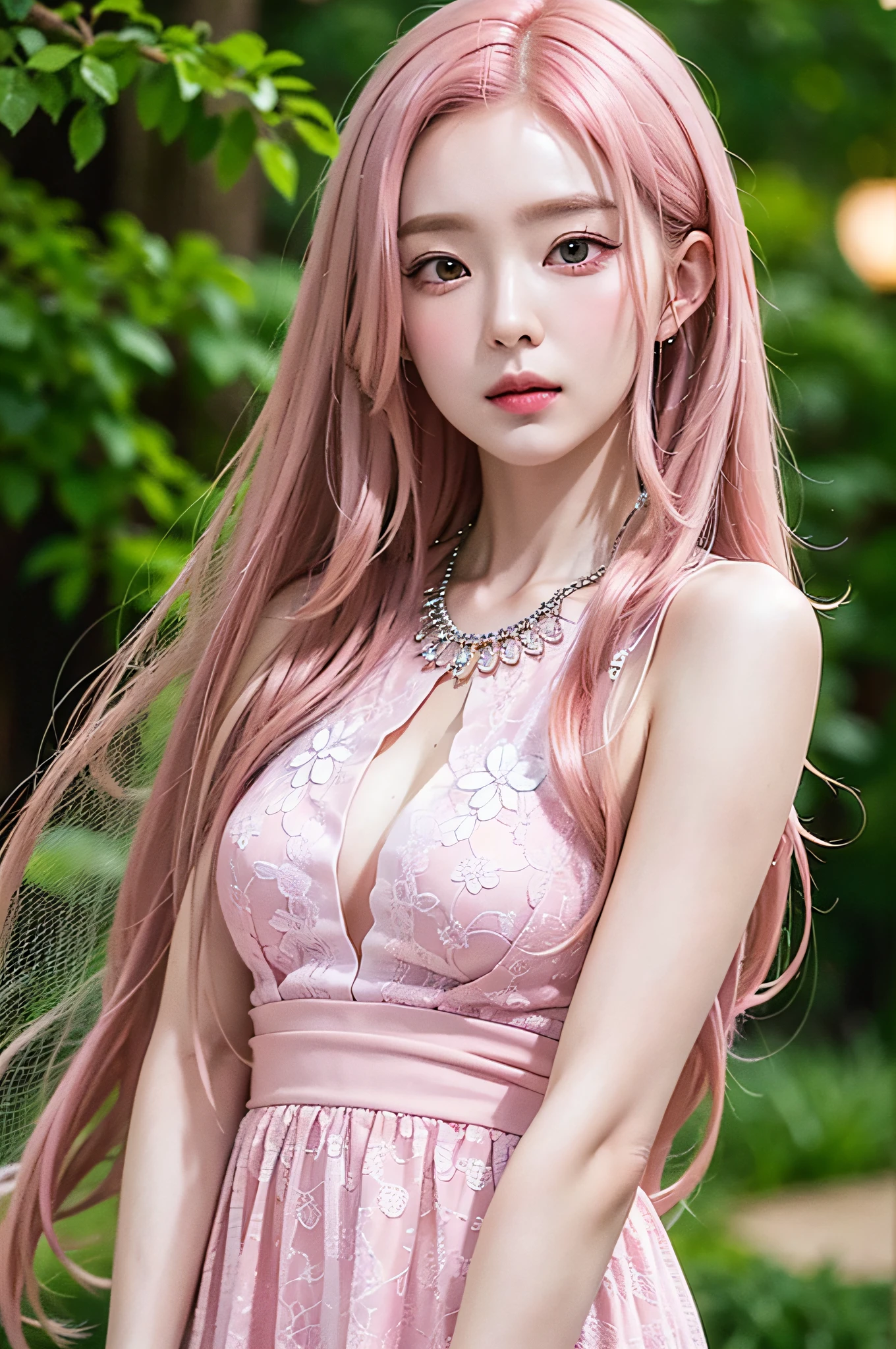 ((very detailed CG)), ((8k)), beautiful maiden, flowers, suit, forest, city night scene, a girl, beautiful face, long pink hair