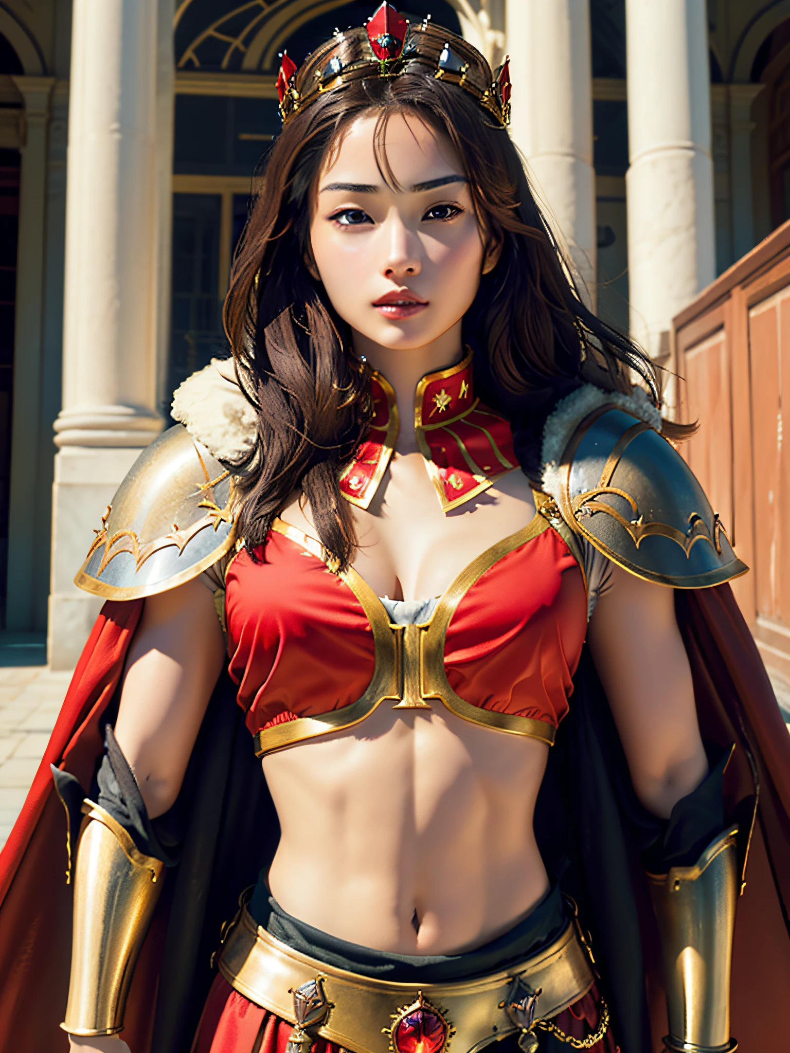 (masterpiece, top quality, top quality, official art, beautiful and aesthetic: 1.2), ultra-detailed complex 3D rendering of face, (big: 6.8), red crop top: 1.6, perfect figure: 1.4, slim abs: 1.1, (1 girl), (warrior queen red armor, fur-lined cape, jeweled crown: 2.2), serious, cleavage, brown hair, white skin
