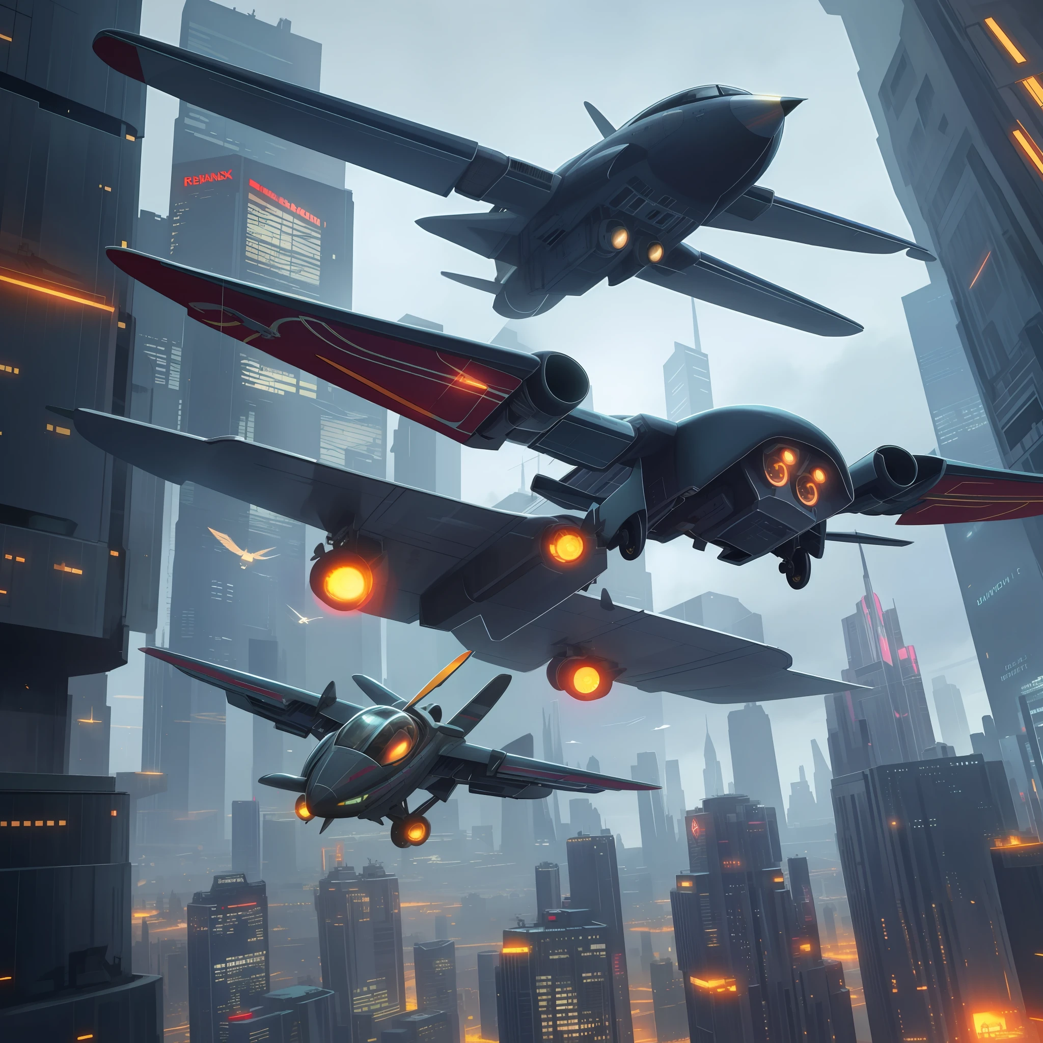 dynamic lighting, cityscape, flying cars, aircraft, cyberpunk,