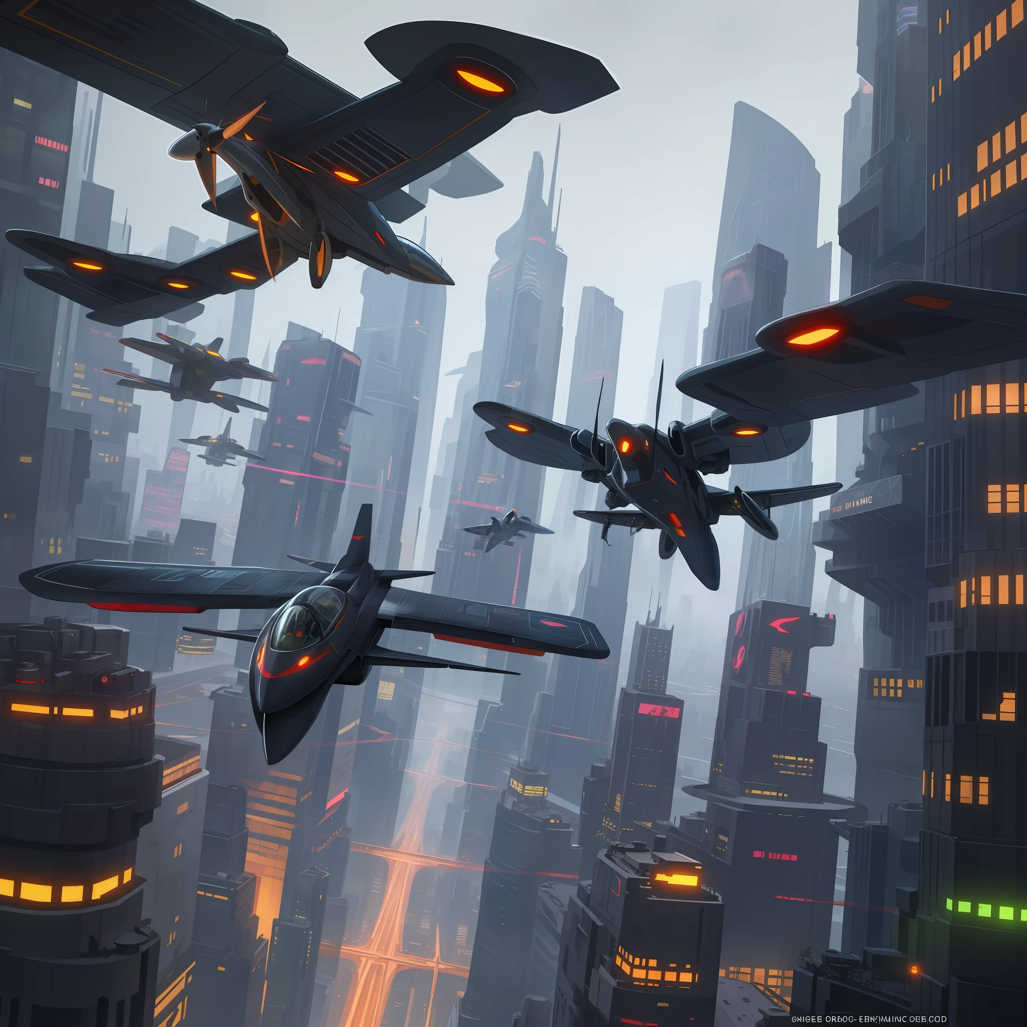 dynamic lighting, cityscape, flying cars, aircraft, cyberpunk,