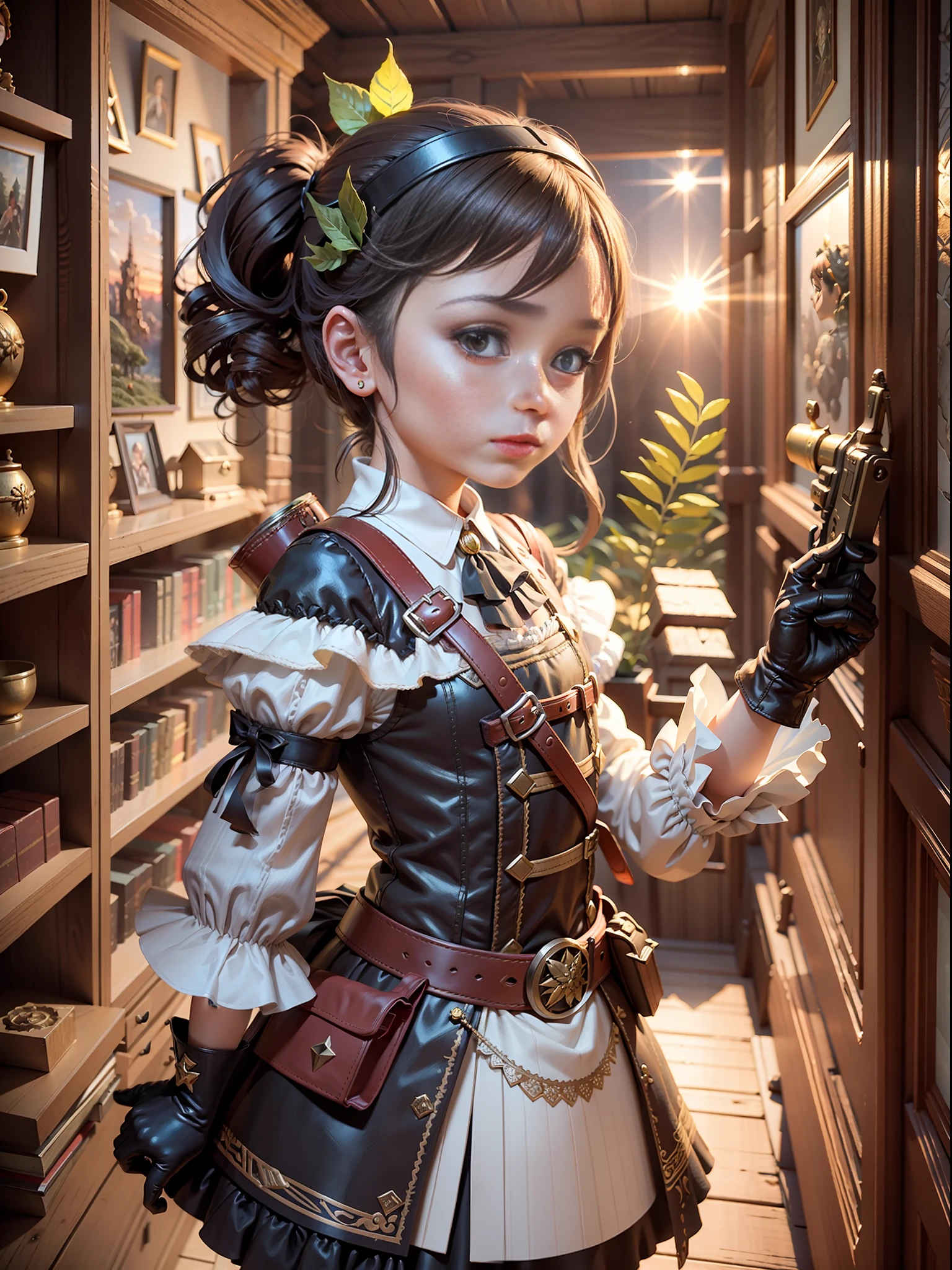 little girl, Gloves made of leaves, flintlock pistol, High-fiving, privy, Sunset, by Artgerm, LSD Render, 3D Sculpt, Cinematic, Paper Model, Neon, Children's Drawing, Melancholic, Graphite, Constructivist
