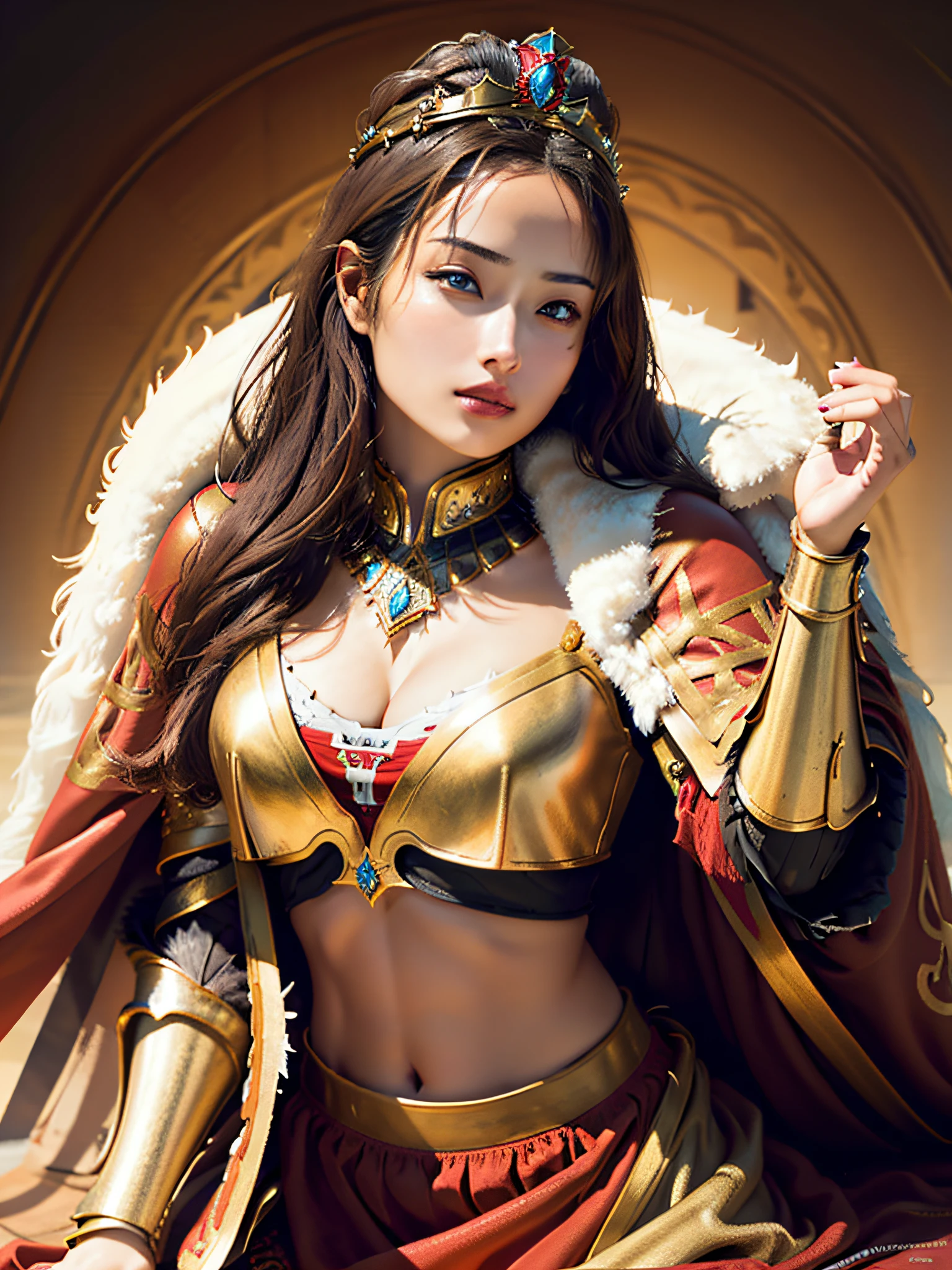 (masterpiece, top quality, top quality, official art, beautiful and aesthetic: 1.2), ultra-detailed complex 3D rendering of face, (big: 6.8), red crop top: 1.6, perfect figure: 1.4, slim abs: 1.1, (1 girl), (warrior queen red armor, fur-lined cape, jeweled crown: 2.2), serious, cleavage, brown hair, white skin