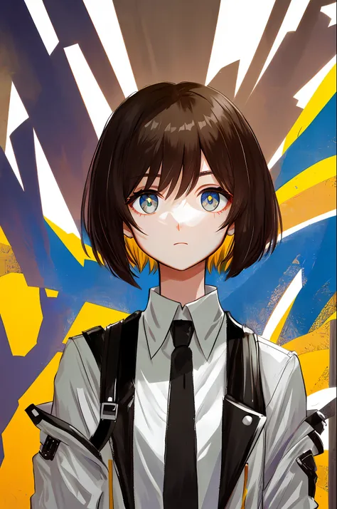 (solo), short hair [[[undercut]]], jacket, upper body, portrait, dark hair, bright eyes