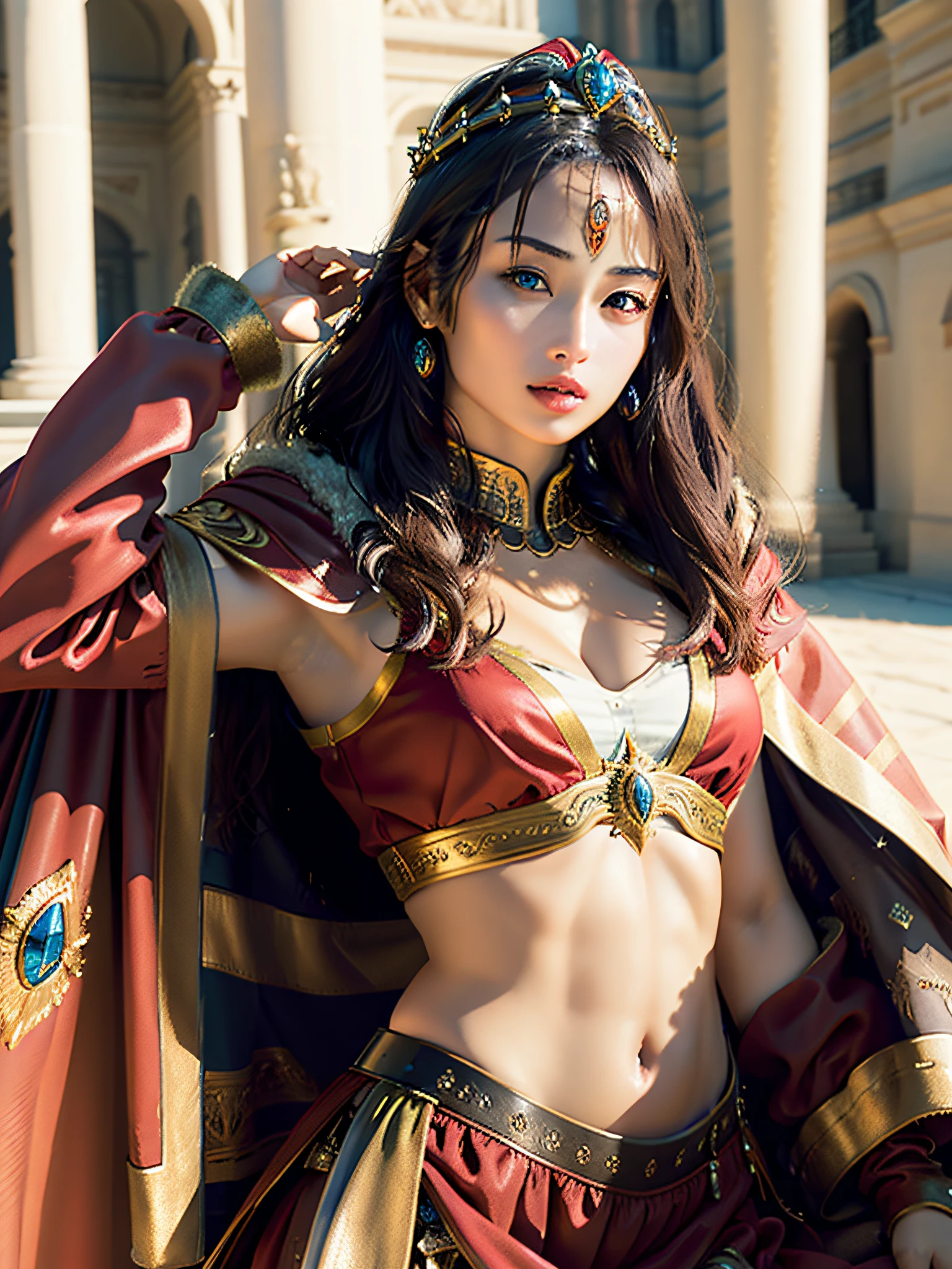 (masterpiece, top quality, top quality, official art, beautiful and aesthetic: 1.2), ultra-detailed complex 3D rendering of face, (big: 6.8), red crop top: 1.6, perfect figure: 1.4, slim abs: 1.1, (1 girl), (warrior queen red armor, fur-lined cape, jeweled crown: 2.2), serious, cleavage, brown hair, white skin