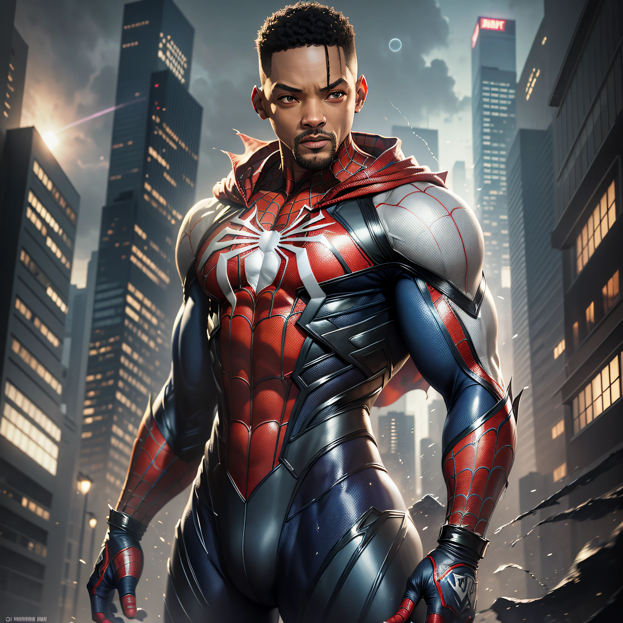 (Will Smith as Spider-Man), (Art by Jim Lee) magnificent sky background, dramatic, beautiful, award-winning, masterpiece, athletic, white eyes, no pupils, night city, (mist), particles, light rain, male focus, mask, muscular, muscular man, tattered and torn cape, night, outdoors, rain, serious, dark atmosphere, detailed background, jim lee, ((empty hands)), --auto --s2