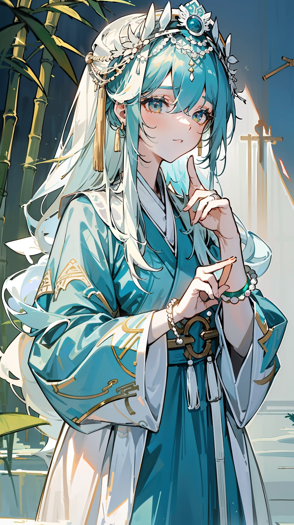 Cold girl, broken feeling, cold color, ancient style, luxurious headdress, white light gauze Hanfu, white light gauze blindfold, very free, (white tone, (white color matching) tilted head, (light and shadow), finger wearing hand ornaments, rings, jade bracelets, ancient costumes, bamboo leaf gray eyes, sunlight