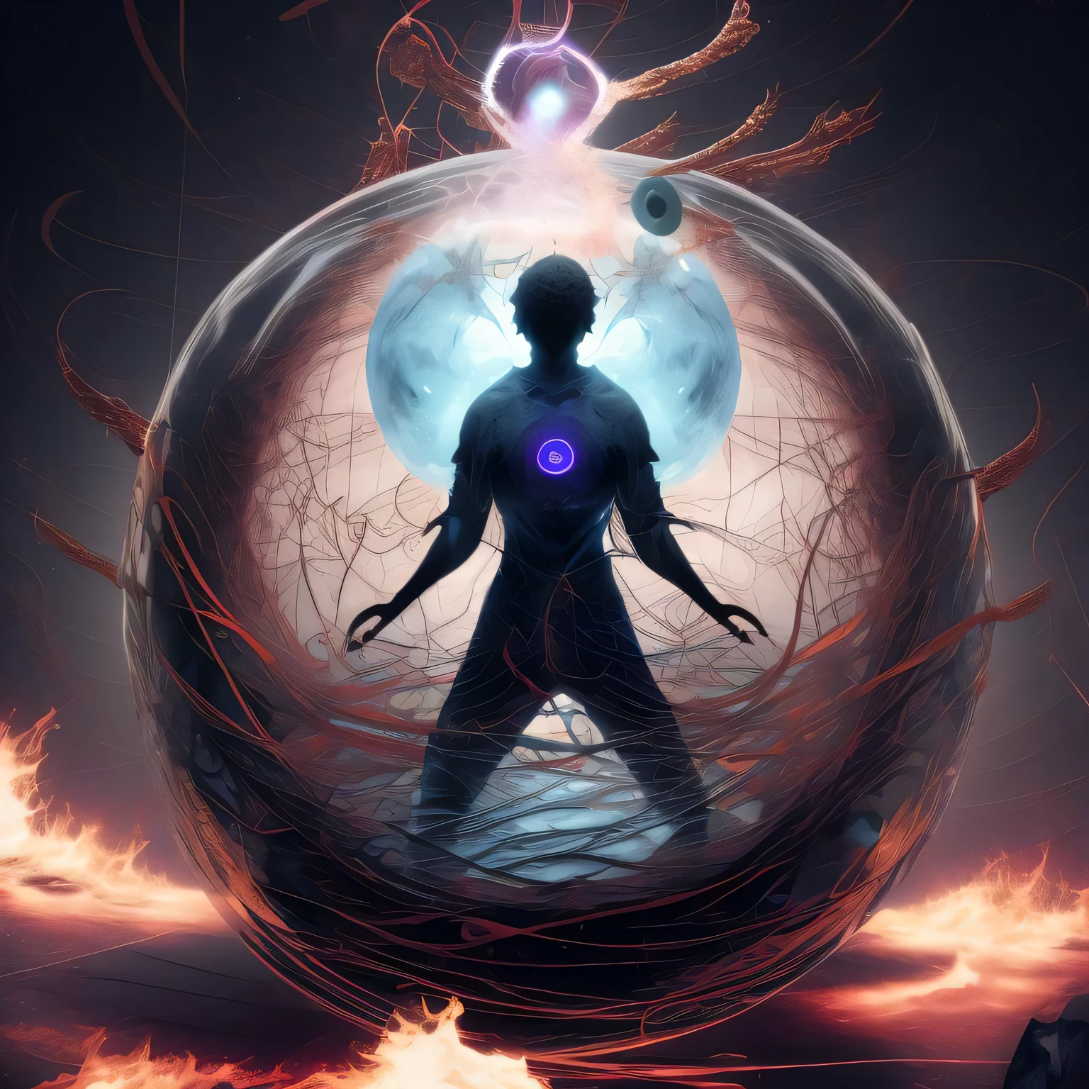 a digital rendering of a calm person in a bubble surrounded by chaos, leaves, Chaos And Order