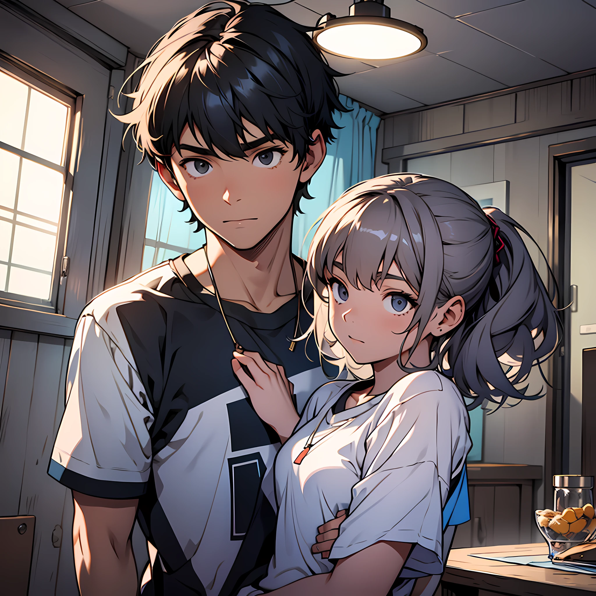A boy holds the girl from behind, in the room