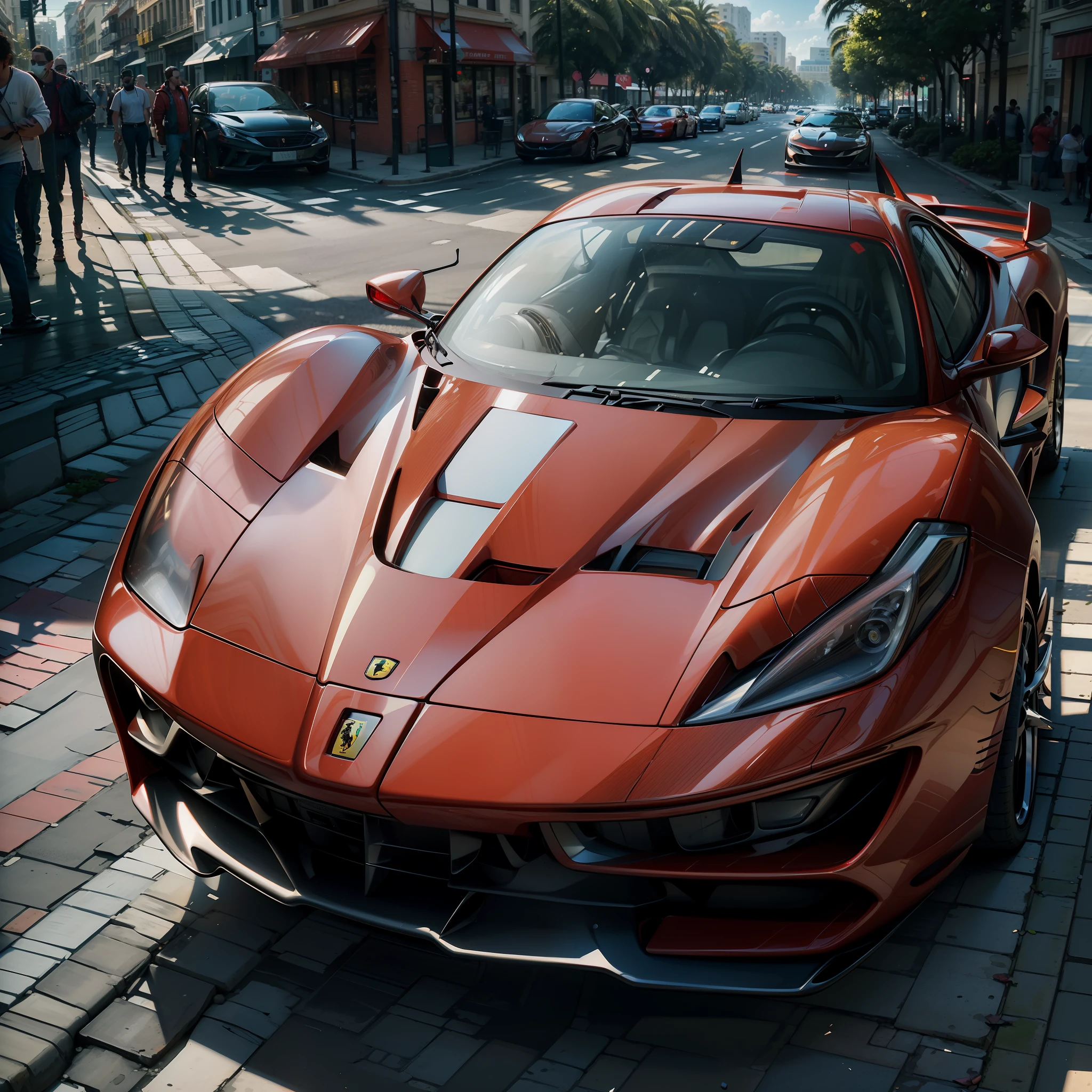 Realistic photograph of 1 red Ferrari on the streets of Miami stop. (a masterpiece, the best quality, with a dynamic style, red sports cars, empty street, wide vision, vibrant colors, bright sunlight) + (cinematic background, vector work, realism, UHD, 8k, 16k)