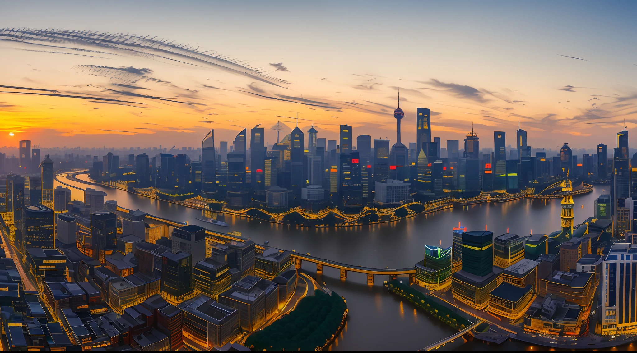 arafed view of a city skyline with a river and a bridge, shanghai city, shanghai, chinese new year in shanghai, golden hour in beijing, skyline showing, hou china, vista of a city at sunset, beijing, looking partly to the left, summer evening, by Zha Shibiao, jia ruan, city in the background, skyline