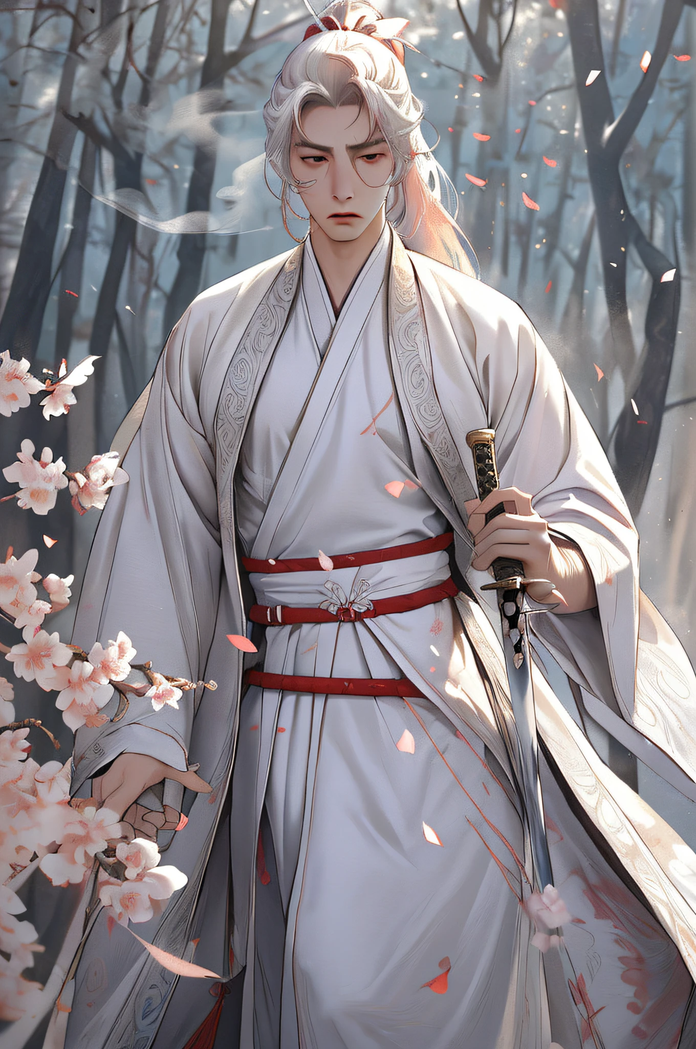 (Best Quality), (Realisticity: 1), Realistic Skin Texture, Highly Detailed, 8k Wallpaper, NSFW, Masterpiece, Superb Detail, Ultra Detailed, Detailed Facial Features, 1 Man, Man, Peach Blossom Forest, White Long Hair, Ponytail, White Hanfu, Red Belt, Long Sword Held, Petals Flying, Long Sword in Hand, Smoke Hazy, Ancient Architecture,