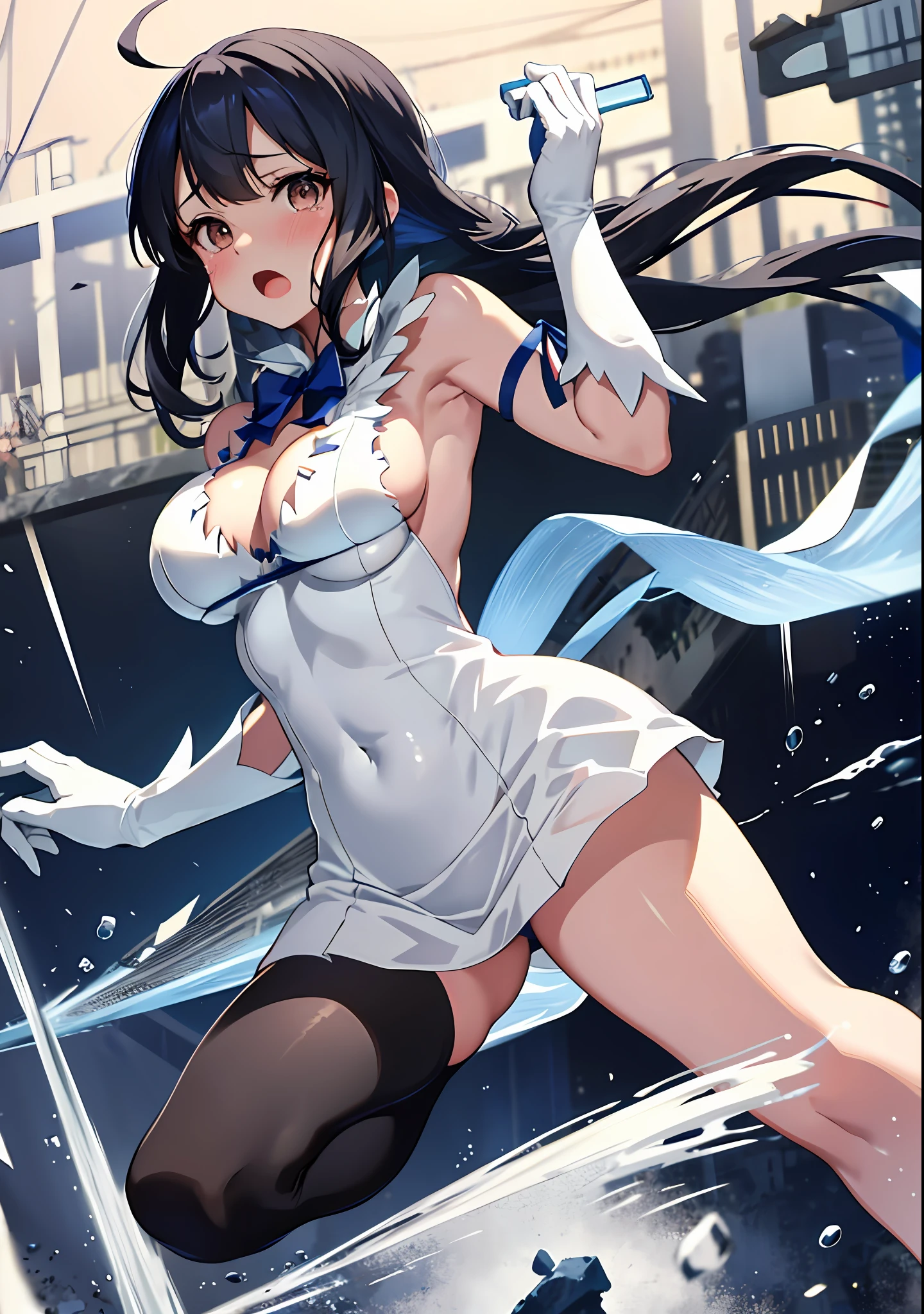 hestia cosplay, rei no himo, 1girl, breasts, long hair, solo, ushio (kancolle), large breasts, gloves, black hair, white gloves, open mouth, blush, brown eyes, ahoge, cleavage, covered navel, looking at viewer, tears,from_below,