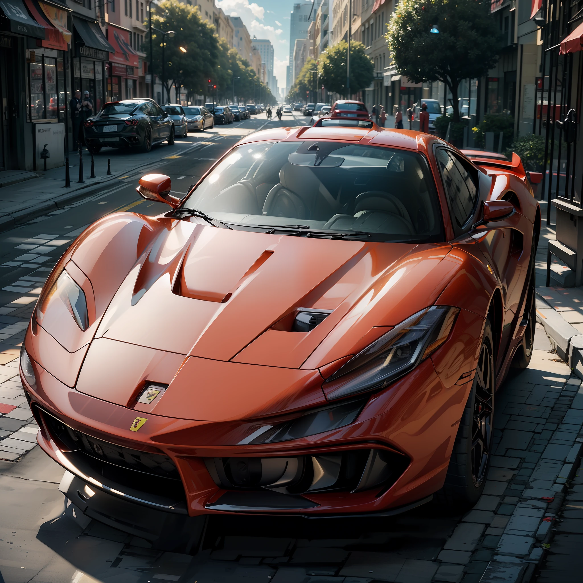 Realistic photograph of 1 red Ferrari on the streets of Miami stop. (a masterpiece, the best quality, with a dynamic style, red sports cars, empty street, wide vision, vibrant colors, bright sunlight) + (cinematic background, vector work, realism, UHD, 8k, 16k)