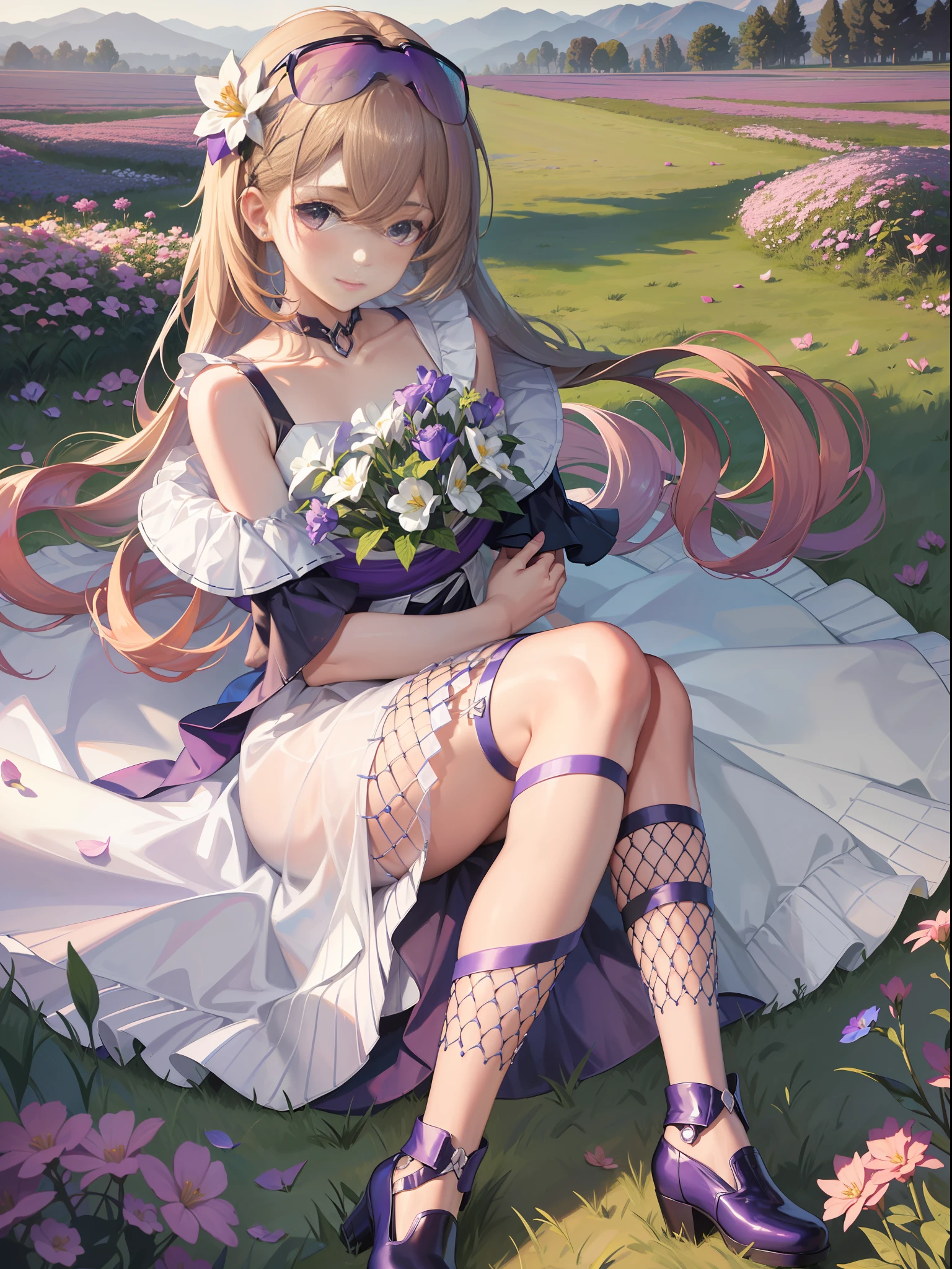 Sitting outdoors, flowers, camping (masterpiece), (best quality), very detailed, 1 boy holding 1 girl, flowers, dress, white dress, long hair, holding, smiling, bubbles, bare shoulders, hands on their face, bangs, white headdress, black shoes, closed mouth, blush, outdoors, looking at the audience, pink flowers, dewy shoulders, blonde hair, off-the-shoulder dress, pleated dress, field, very long hair, flower field, days, shoes, petals, depth of the field, blurred foreground, ((hug)), (flower: 1.3), fold, purple flower, flower, white flower, (glow), (light), (best shade: 1.2), high key and low varying brightness level, (soft light), (light and dark staggered), (cinematic lighting), (side photo), (backlight) ,。。 (Perfect body), (Delicate and beautiful delicate skin), (Shiny skin: 1.3), (Oil skin: 1.3) [(Oil wet: 0.7], (Oil shine: 1.3), (Fine hair texture: 1.38), (Glossy hair: 1.18), (Transparent: 1.2), (Transparent: 1.2). [Red: 0.69], [Orange: 0.69],