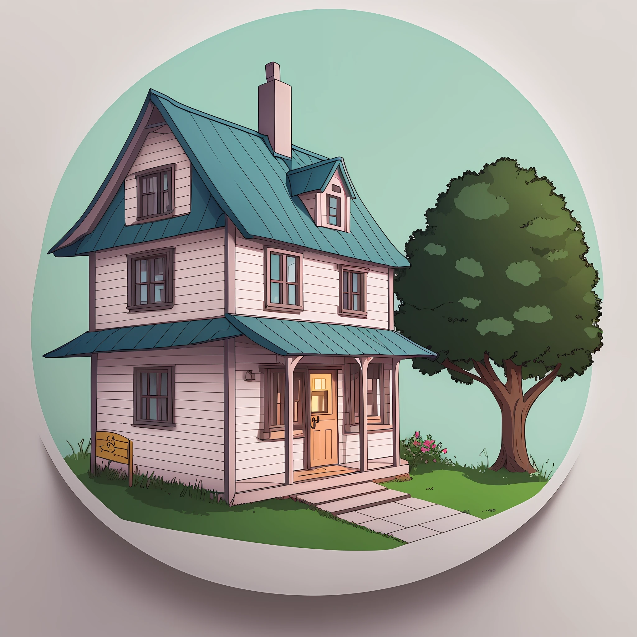 A single, adorable sticker with a cute ((house)) motif, set on a minimal, simple white background. The sticker is rendered in a pastel-colored, vector style with no gradients, making it both tiny and timeless. --auto --s2