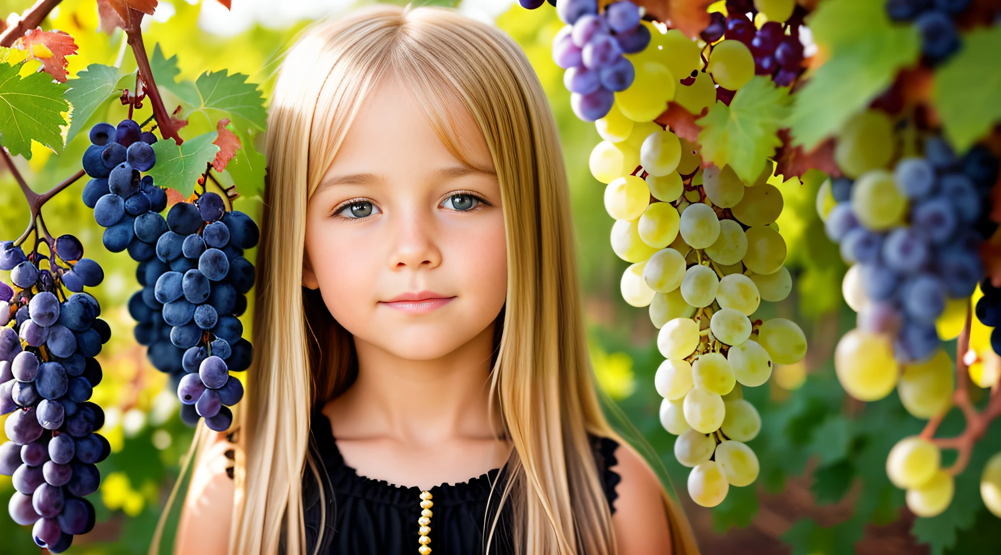 a girl BLONDE CHILD WITH LONG STRAIGHT HAIR, PORTRAIT, CLOSE UP, there are many black grapes hanging from a vine in a vineyard, grapes, wine, translucent grapes, yellow and black grapes, closeup translucent grapes, grape, 1/30, elaborate composition, thick and dense vines, best-selling, vineyard, high-quality product image", by Karl Völker, adult, f 2 0, Harvest, award-winning masterpiece