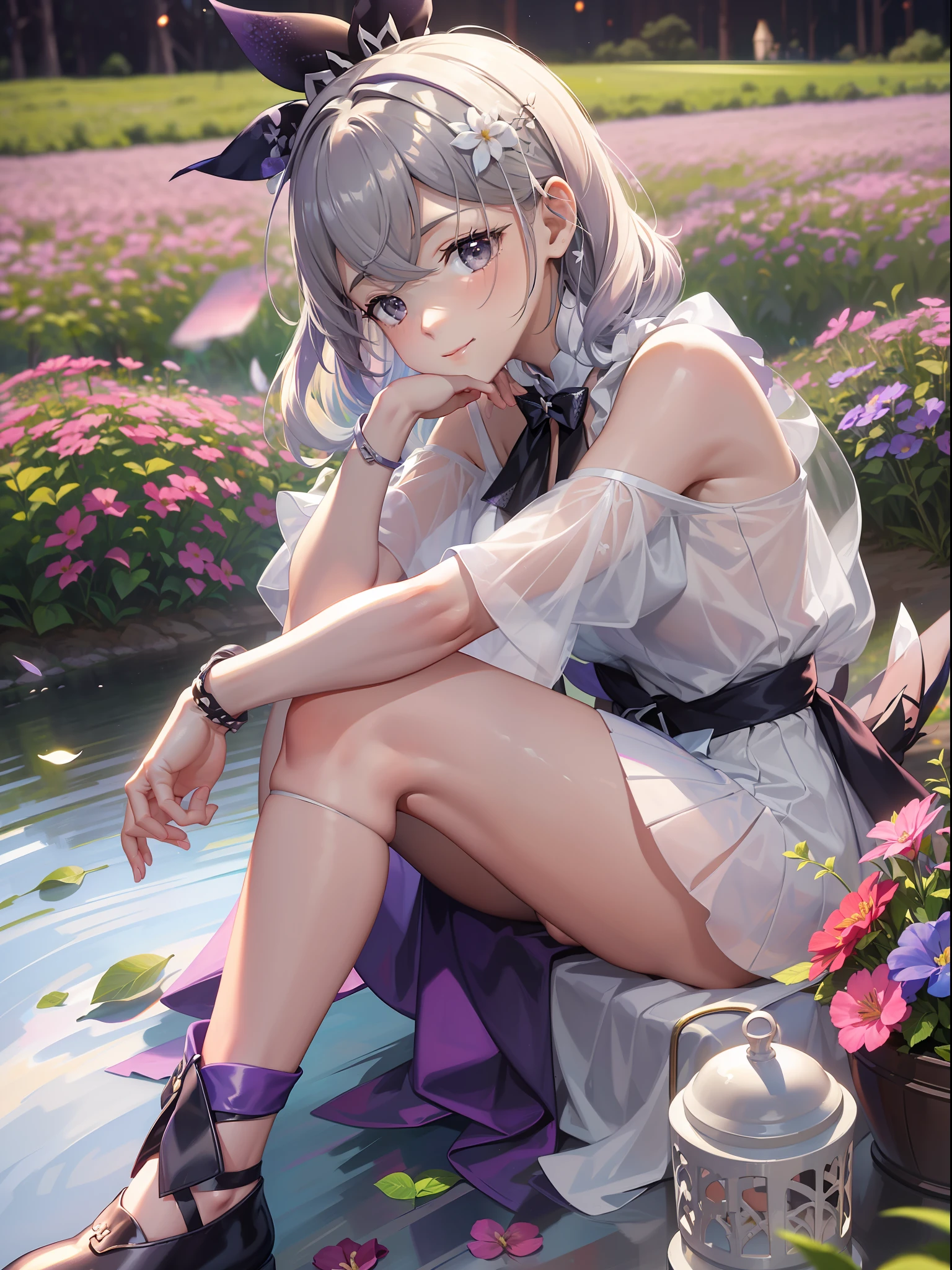 Sitting outdoors, flowers, camping (masterpiece), (best quality), very detailed, 1 girl, flower, dress, white dress, long hair, holding, smiling, bubbles, off-the-shoulder, hands on their face, bangs, white headdress, black shoes, closed mouth, blush, outdoors, looking at the audience, pink flowers, dewy shoulders, blonde hair, off-the-shoulder dress, pleated dress, field, very long hair, flower field, day, shoes, petals, depth of the field, blurred foreground, ((hugging legs)) , (flowers: 1.3), folds, purple flowers, hat flowers, white flowers, (glow), (light), (best shade: 1.2), high keys and low varying brightness levels, (soft light), (light and dark interlacing), (movie lighting), (side photo), (backlight) ,。。 (Perfect body), (Delicate and beautiful delicate skin), (Shiny skin: 1.3), (Oil skin: 1.3) [(Oil wet: 0.7], (Oil shine: 1.3), (Fine hair texture: 1.38), (Glossy hair: 1.18), (Transparent: 1.2), (Transparent: 1.2). [Red: 0.69], [Orange: 0.69],
