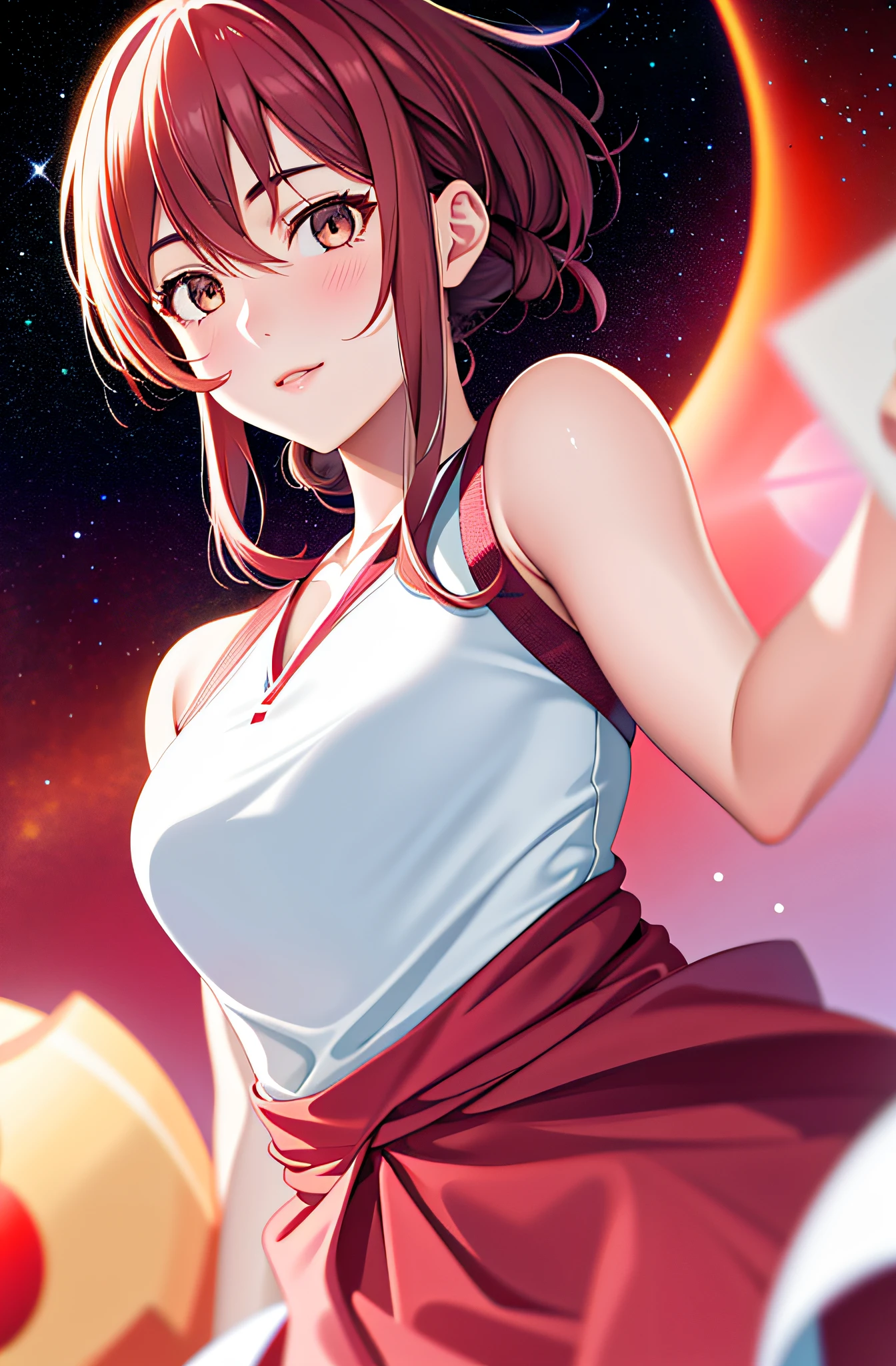 1 girl, beautiful face, ((white eyes)), sexy pose, red moon in the background, stars, space, (lightroom: 1.13), soft light, (natural skin texture: 1.2), (hyperrealism: 1.2), sharp focus, focus