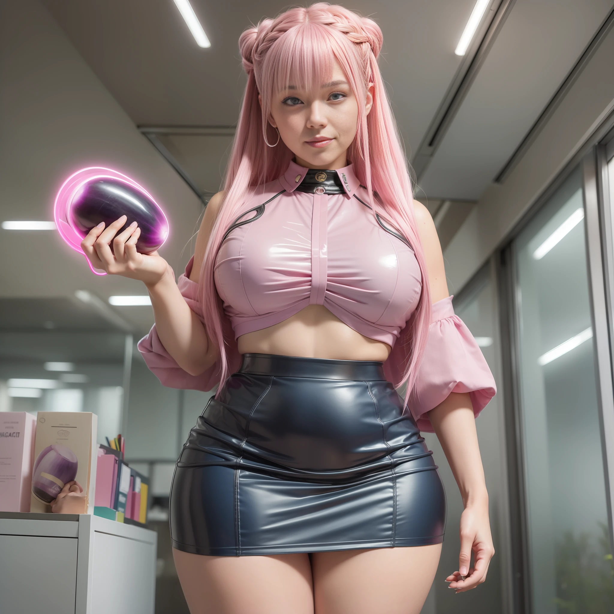 ((masterpiece, best quality)), (1girl),((mature female)), lightpink hair, halo, braided hair, ((office lady )), holding big eggplant, short black skirt, glow skirt, thick ass, massive, bangs,medium breastss, slim, smile, [wide hips],office,standing, aru \(blue archive\),