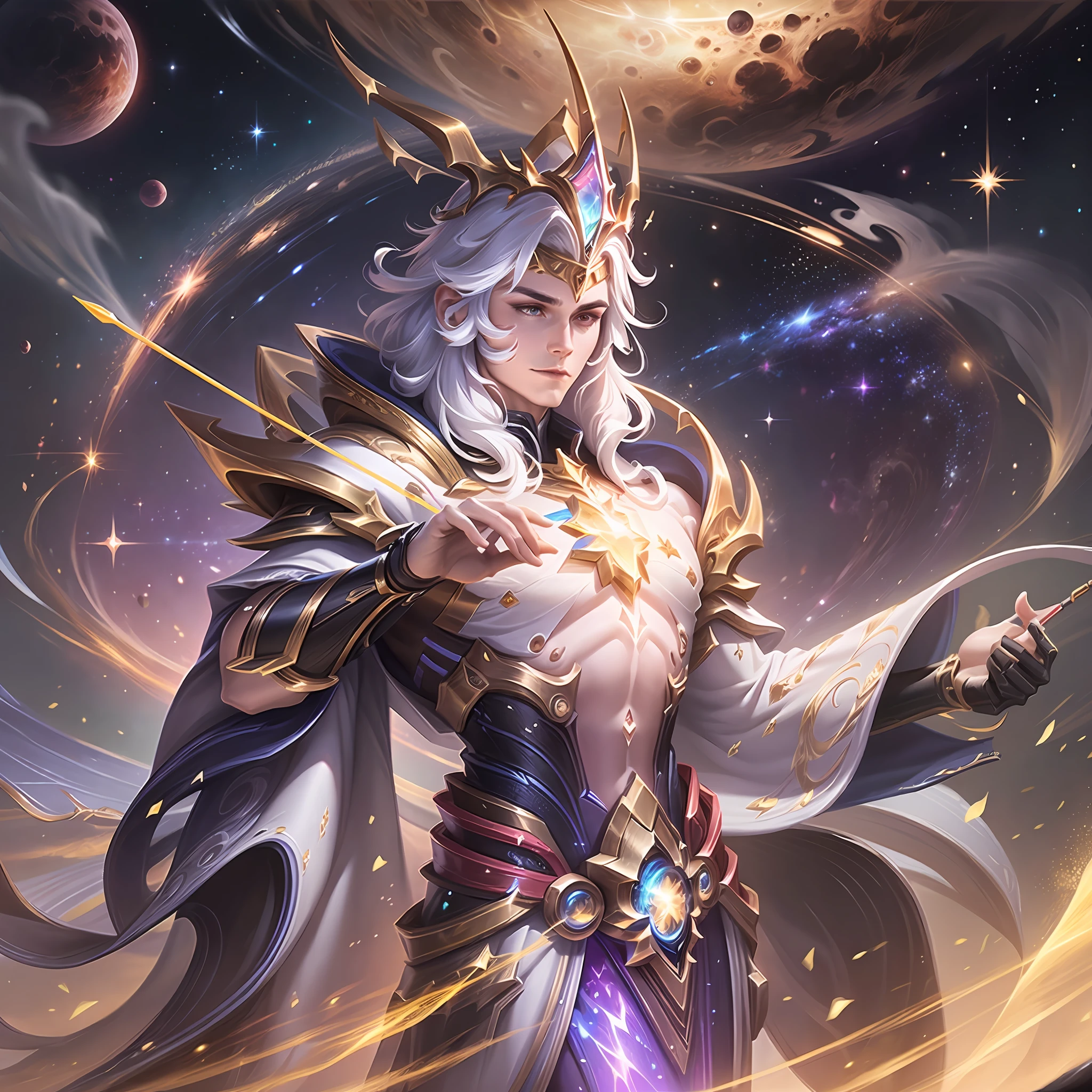 cosmic colors, texture, starry effect, galaxy:0.8 stunning digital art of (Yorn from Arena of Valor)1.6 as a cosmic god, wearing a (white robe)1.3 and a (golden crown)1.2, holding his (divine bow)1.5 and shooting (radiant arrows)1.5 at the (forces of darkness)1.4 in the (space)1.3, surrounded by (planets)1.2 and (stars)1.2, glowing with (light)1.4 and (power)1.4, epic fantasy scene