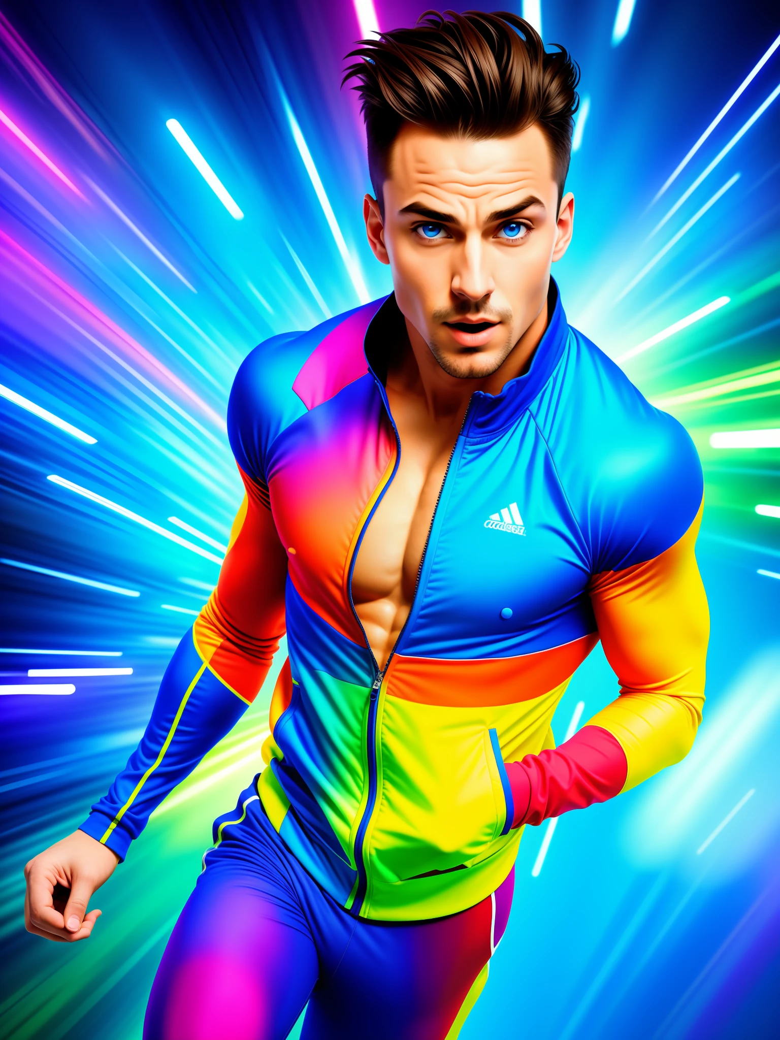 (masterpiece,best quality,absurdres ), 1man, muscular, detailed eyes, blue eyes, open jacket, running to camera, upper body, (fluorescent lamp),(colorful), ((abstract background)),