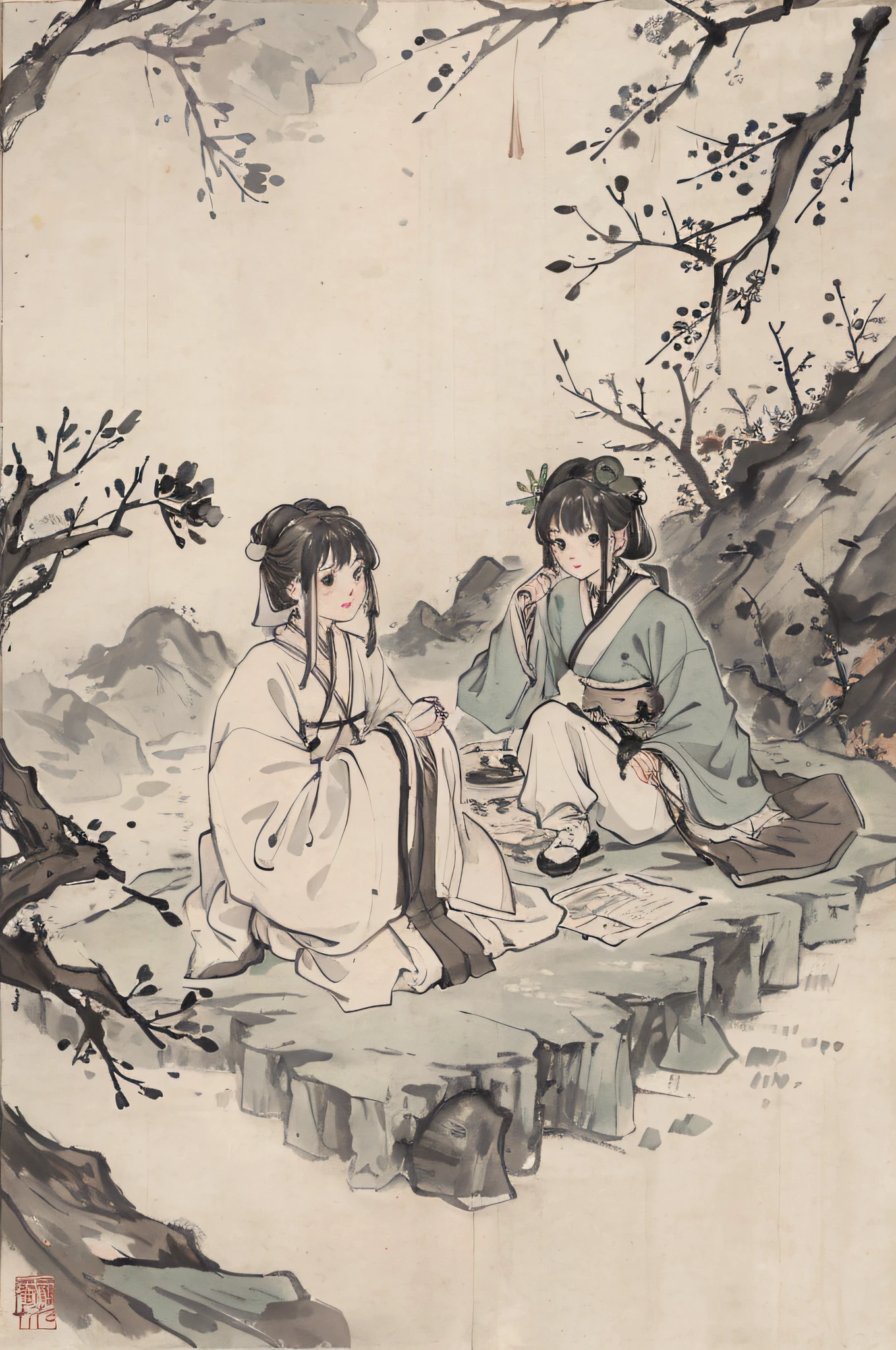 (Masterpiece, best quality: 1.2), traditional Chinese ink painting, green mountains, simple composition, (two people), sitting