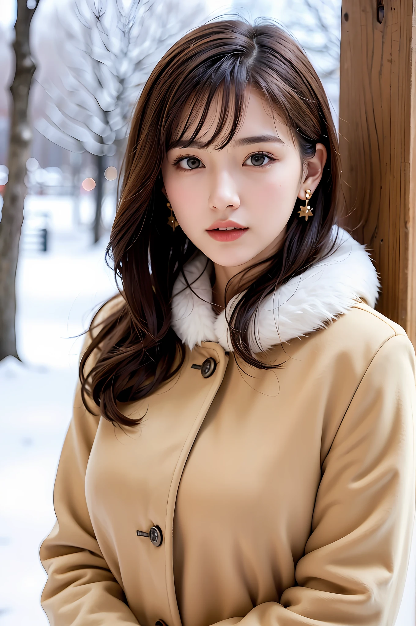 1 girl, bare_tree, brown_eyes, brown_hair, building, coat, cross_earrings, earrings, fur, fur trimmed_coat, fur_collar, fur_scarf, fur_trim, jewelry, lips, shorthair, looking_at_viewer, outdoors, snow, snow, solo, tree, upper_body, Winter, winter_clothes, detailed_eyes,Big , arms close together, Chest facing camera, Big, Ears out, Golden ratio face, Golden ratio body, Best quality, Ultra high definition, Bangs