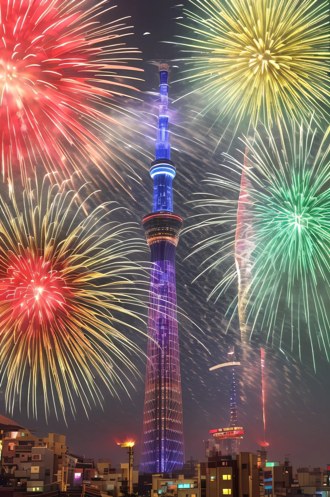fireworks are lit up in the sky above a city skyline, [ fireworks in the sky ]!!, happy!!!, japan tokyo skytree, fireworks in background, fireworks in the background, vivid!!, fireworks, who was born in tokyo in 1964, grand!, new years eve, beautiful image, !!beautiful!!, firework, new tokyo, tokyo, stunning image