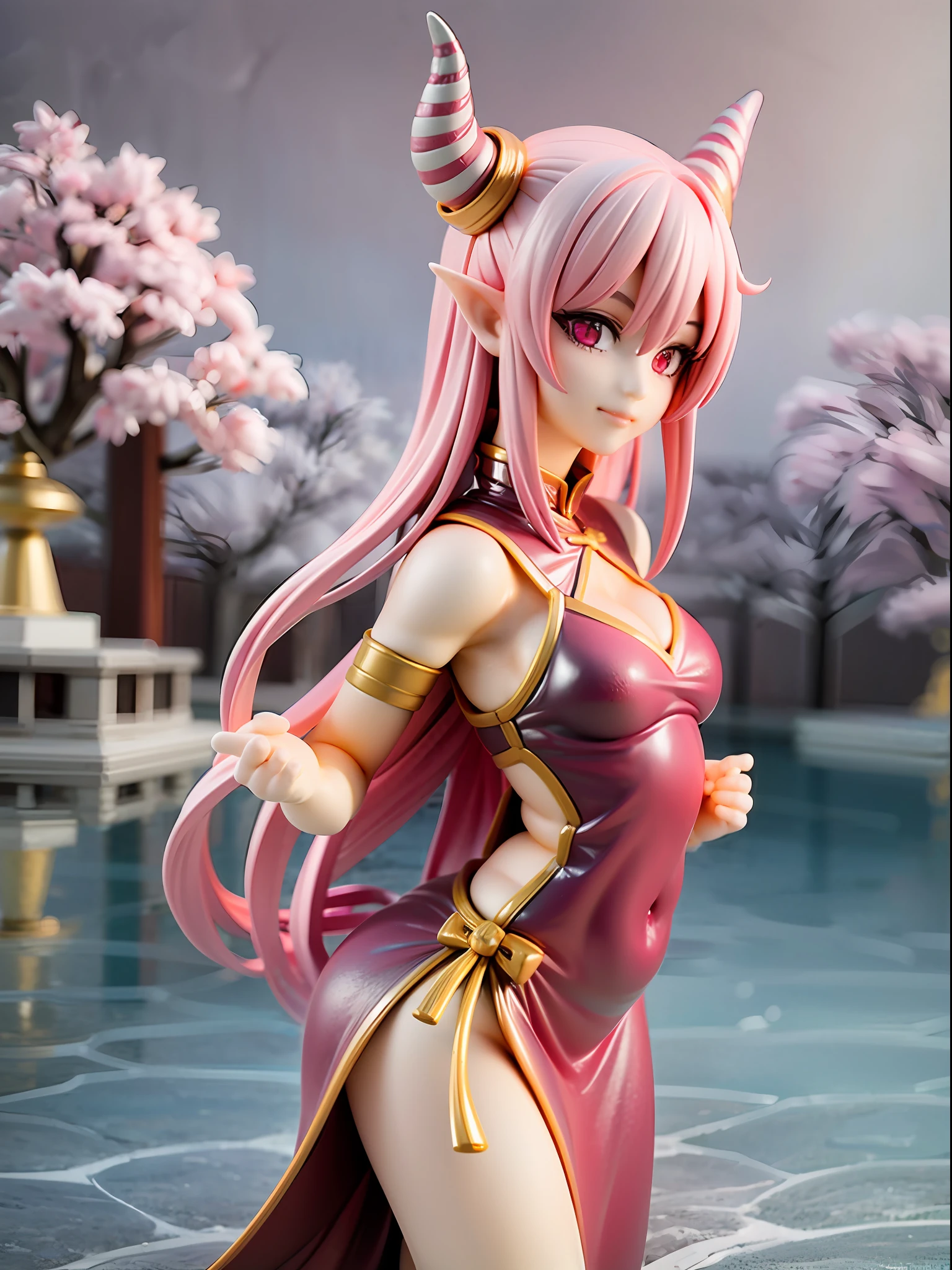 ager, standing pose, dragon tail, dragon scale on hands and feet, dragon horns, Chinese dress, Chinese dress modified to reveal belly button, white color scheme, pink highlights, long hair, pink hair, wide eyes, pink eyes, closed mouth, smile, imperial palace, towering pagodas, cherry blossom trees, red lanterns, stone dragon statues, golden accents, misty mountain backdrop, serene pond, jade green foliage,