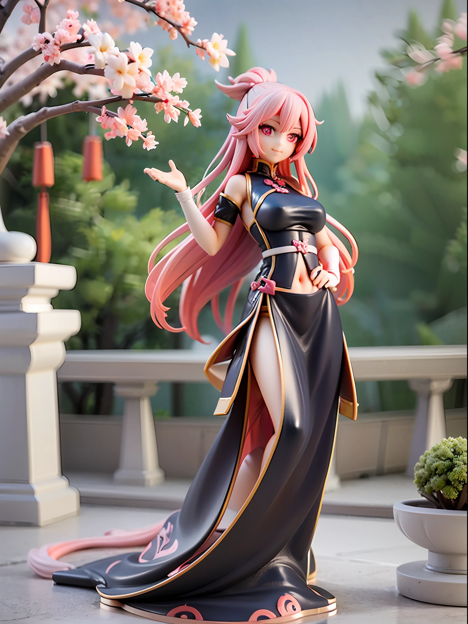 teenager, standing pose, dragon tail, dragon scale on hands and feet, dragon horns, Chinese dress, Chinese dress modified to reveal belly button, white color scheme, pink highlights, long hair, pink hair, wide eyes, pink eyes, closed mouth, smile, imperial palace, towering pagodas, cherry blossom trees, red lanterns, stone dragon statues, golden accents, misty mountain backdrop, serene pond, jade green foliage,