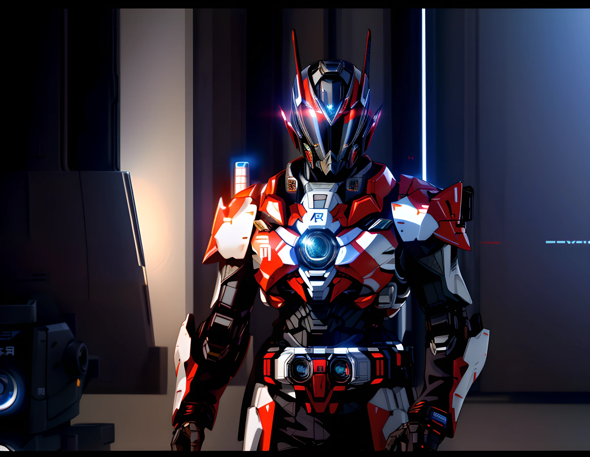 RAW photos, model shooting style, (very detailed CG unity 8k wallpaper), (Low angle shot: 1.5), ((Japanese girl: 1.1))), (((highlighted red and white: 1.1))), ((puffy eyes)), (((wearing red and white futuristic military uniform: 1.5))), (futuristic military mech set: 1.5))), ((girl pose: 1.2)), aegyo, ((happy: 1.3)), (sexy: 1.2)), ((cyberpunk)), war machine, police, police mech set, (futuristic police armor), stare at the viewer, realistic, masterpiece, highest quality, ((sci-fi)), lens flare, ((flash of light)), unreal engine, digital painting, style-genesis--8v-b, trend in artstation, trend in CGSociety, complex, high detail, dramatic, realism, beautiful and detailed lighting, shadows, (high detail skin:1.2), 8k ultra hd, DSLR, soft lighting, high quality, film grain, fujifilm XT3, Drifting man standing in room in red and white suit, Kamen Rider character, high fantasy Kamen Rider, Kamen Rider, Fourze, Kamen Rider Ghost, Kamen Rider Action Pose, Tokutsu, Cyber Japanese Style Armor, Cyber Japanese Armor, Cyber Battle Armor, Cyber Japanese Samurai Armor, High Tech Red Armor, Movie Screen Cover, Wearing Mass Effect Armor
