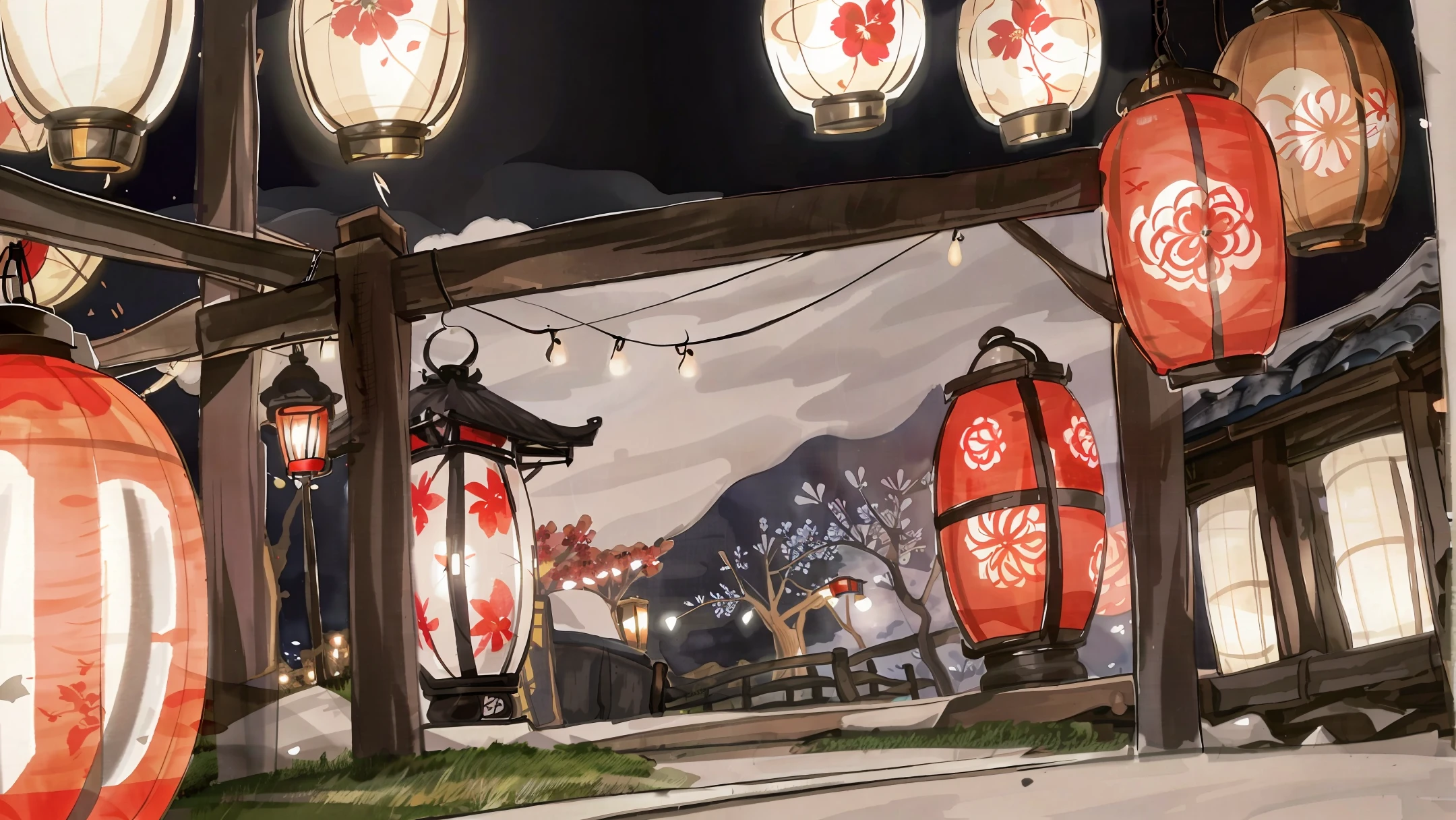 Print, manga, colorful, samurai, Japanese lantern, sakura, frame, night with lit lanterns.