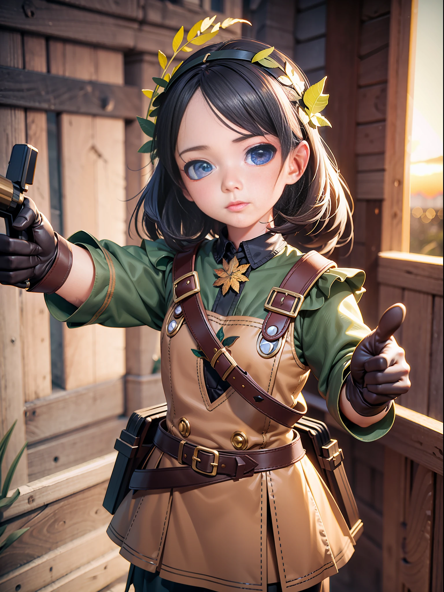 little girl, Gloves made of leaves, flintlock pistol, High-fiving, privy, Sunset, by Artgerm, LSD Render, 3D Sculpt, Cinematic, Paper Model, Neon, Children's Drawing, Melancholic, Graphite, Constructivist