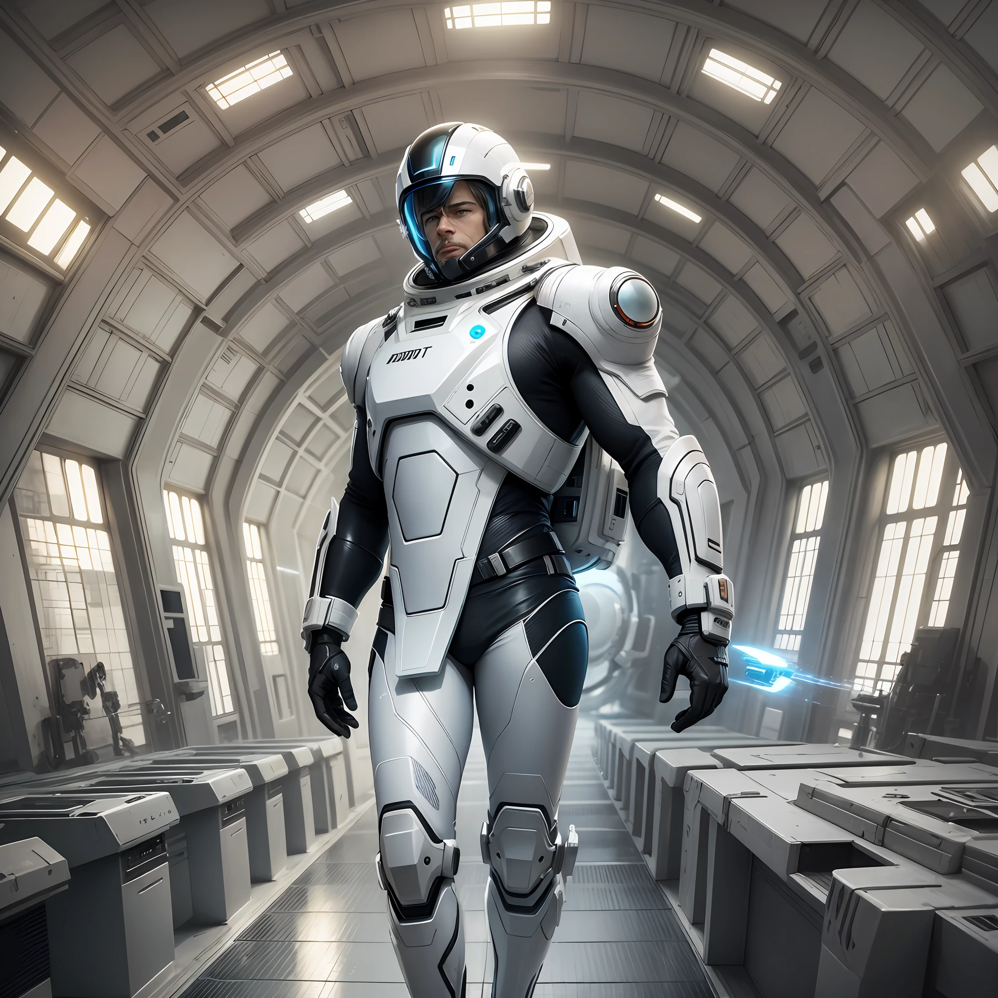 Brad Pitt in a futuristic outfit,futuristic clothes, hyper-realistic style, 8k, Space suit, photography --auto --s2