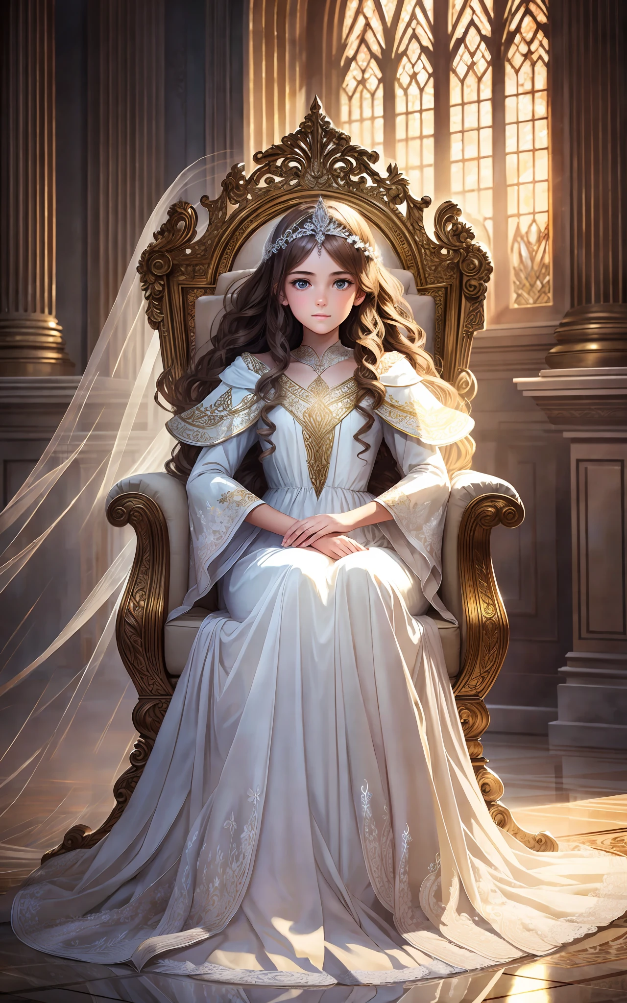 award winning 64k concept art of (1girl:1.2) in white majestic dress sitting on the throne, epic, god rays, centered, (masterpiece:1.2), (best quality:1.2), Amazing, highly detailed, beautiful, finely detailed, warm soft color grading, Depth of field, extremely detailed 8k, fine art, stunning, iridescent, shiny, (light reflections:1.2), (crisp:1.5), curls, wind, vibrant, sunlit, (edge detection:1.2)