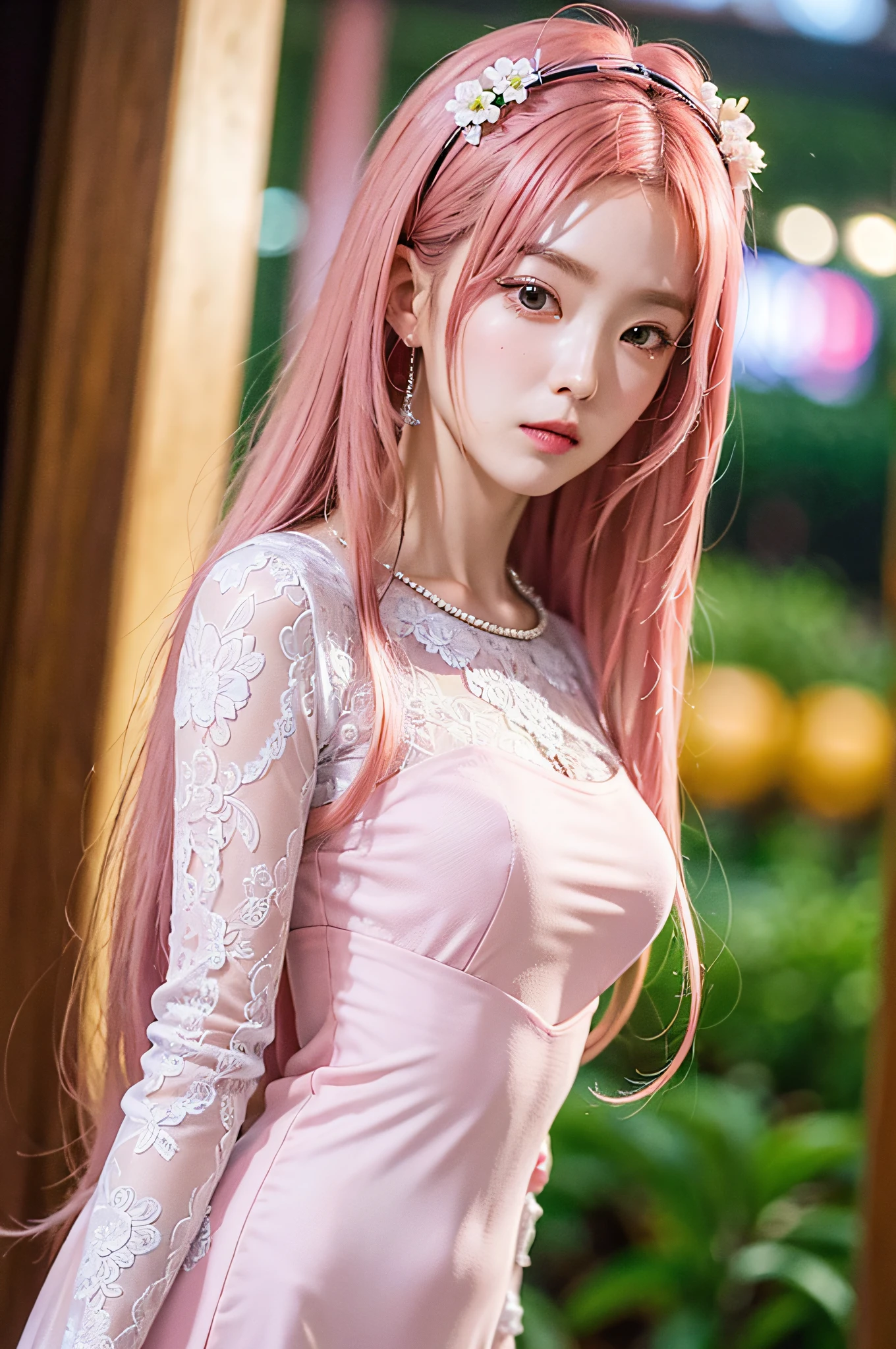 ((very detailed CG)), ((8k)), beautiful maiden, flowers, suit, forest, city night scene, a girl, beautiful face, long pink hair