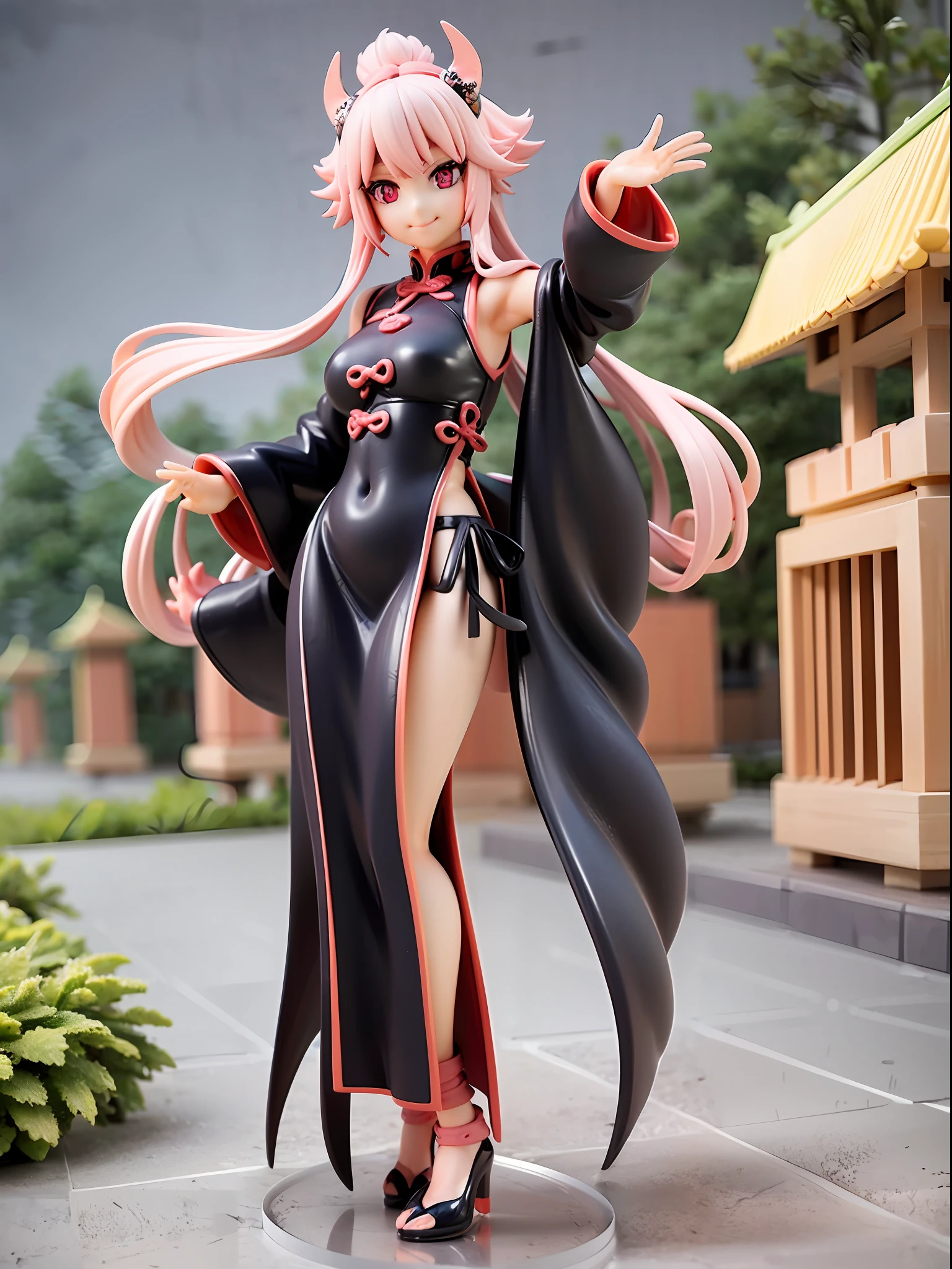 teenager, standing pose, dragon tail, dragon scale on hands and feet, dragon horns, black Chinese dress, Chinese dress modified to reveal belly button, white color scheme, pink highlights, long hair, pink hair, wide eyes, pink eyes, closed mouth, smile, imperial palace, towering pagodas, cherry blossom trees, red lanterns, stone dragon statues, golden accents, misty mountain backdrop, serene pond, jade green foliage,