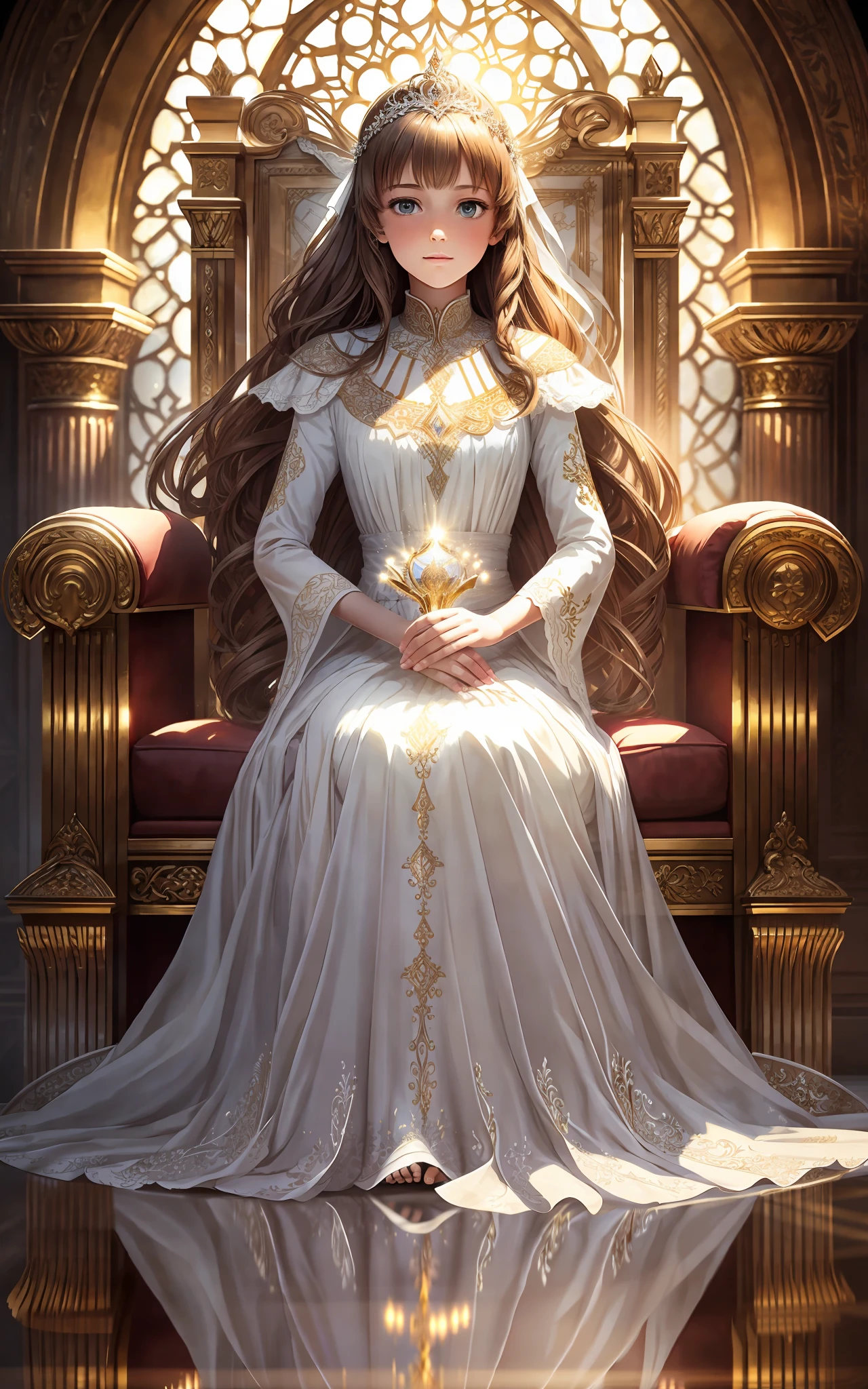 award winning 64k concept art of (1girl:1.2) in white majestic dress sitting on the throne, epic, god rays, centered, (masterpiece:1.2), (best quality:1.2), Amazing, highly detailed, beautiful, finely detailed, warm soft color grading, Depth of field, extremely detailed 8k, fine art, stunning, iridescent, shiny, (light reflections:1.2), (crisp:1.5), curls, wind, vibrant, sunlit, (edge detection:1.2)