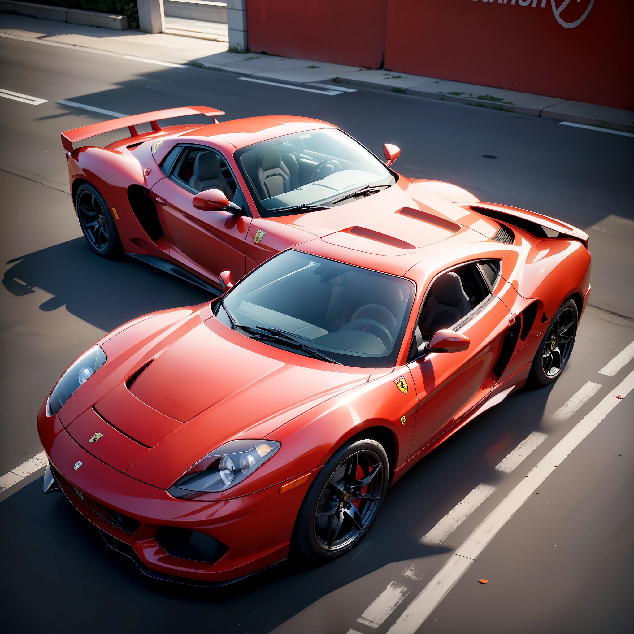 Realistic photograph of 1 red Ferrari on the streets of Miami. (a masterpiece, the best quality, with a dynamic style, red sports cars, empty street, wide vision, vibrant colors, bright sunlight) + (cinematic background, vector work, realism, UHD, 8k, 16k)