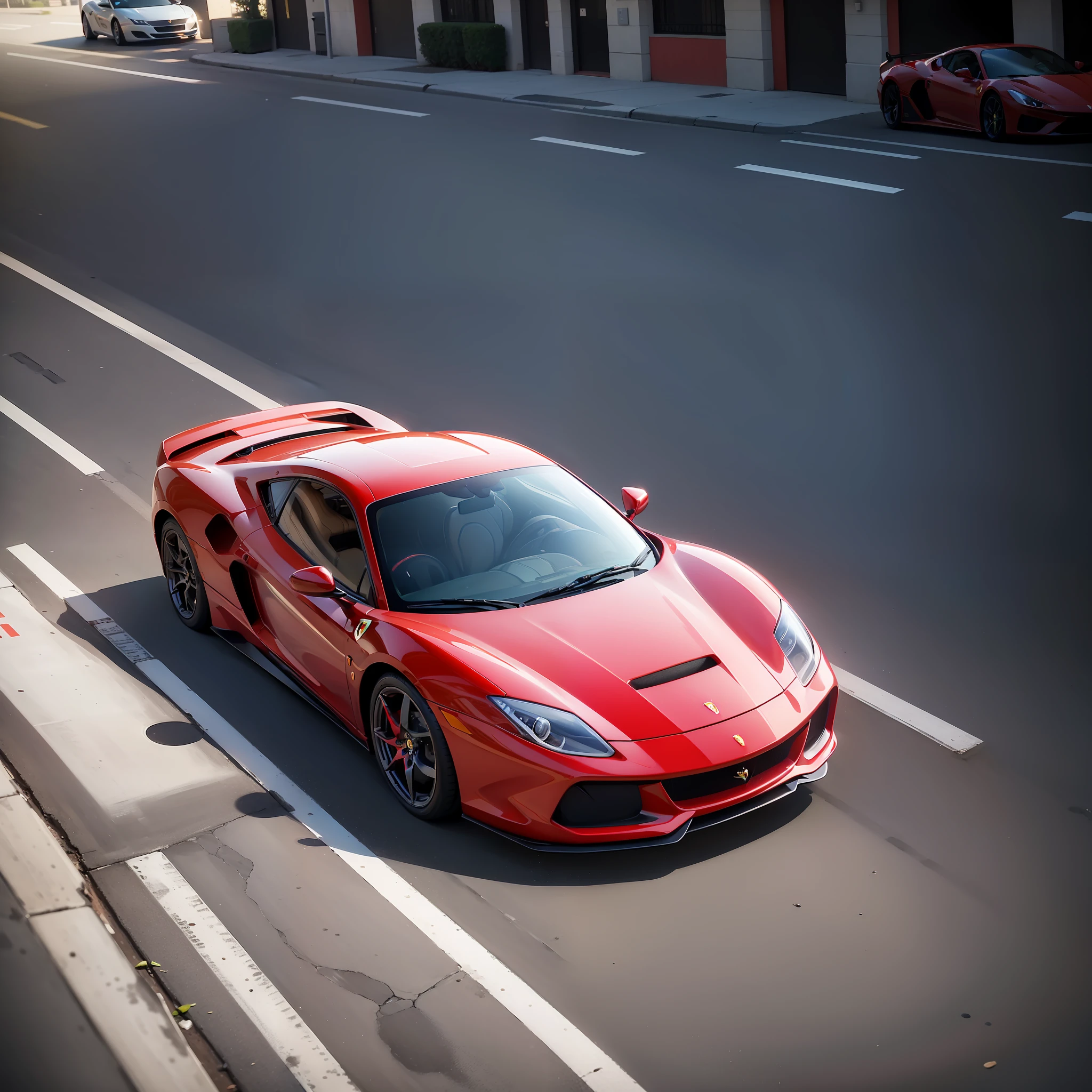 Realistic photograph of 1 red Ferrari on the streets of Miami. (a masterpiece, the best quality, with a dynamic style, red sports cars, empty street, wide vision, vibrant colors, bright sunlight) + (cinematic background, vector work, realism, UHD, 8k, 16k)