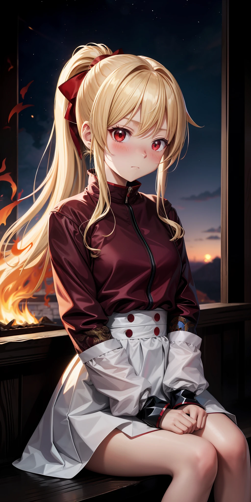 anime, girl alone, blonde, ponytail, red eyes, fluffy clothes, sitting, upward-looking, blush, embarrassed, flames on background, pillar of fire, flames from hands