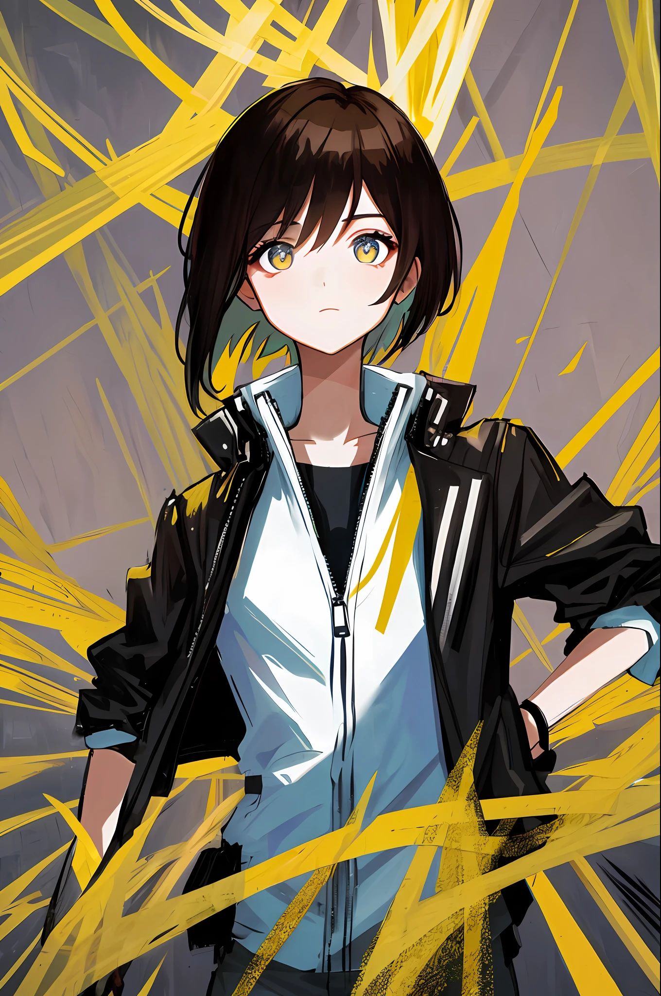 (solo), short hair [[[undercut]]], jacket, upper body, portrait, dark hair, bright eyes, elegant background